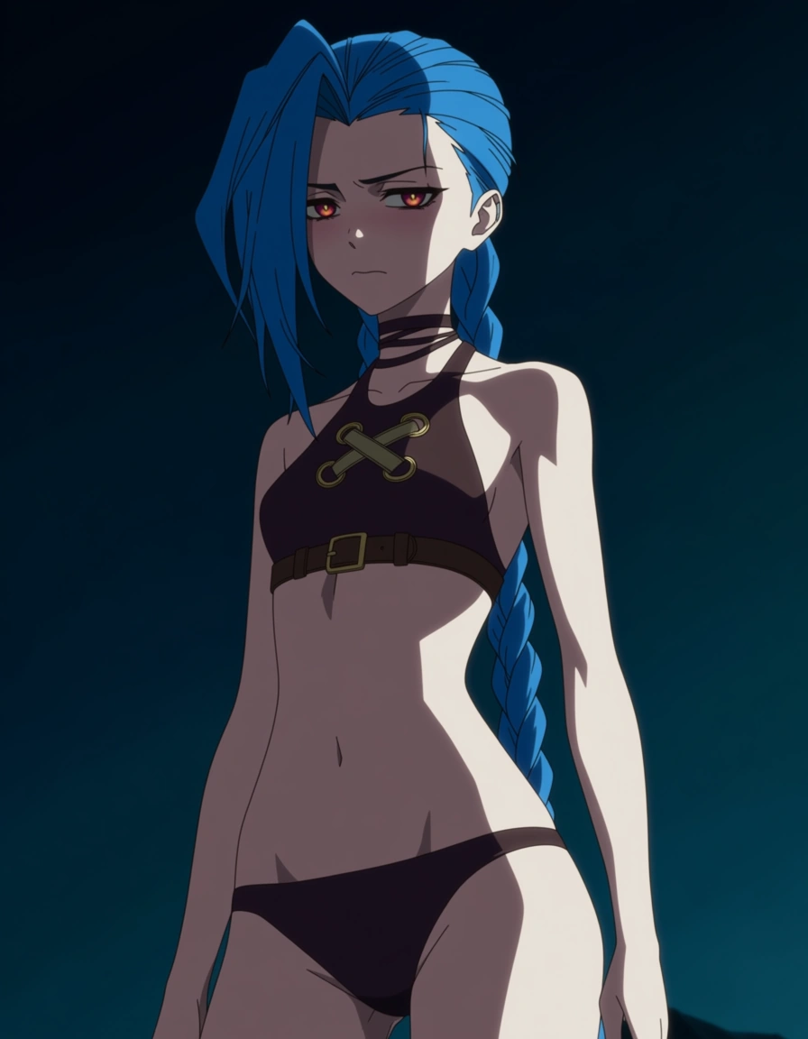 Jinx arcane league of legends full_body bikini, (anime style:1.3), 2d, anime screencap, cel shading, flat color
