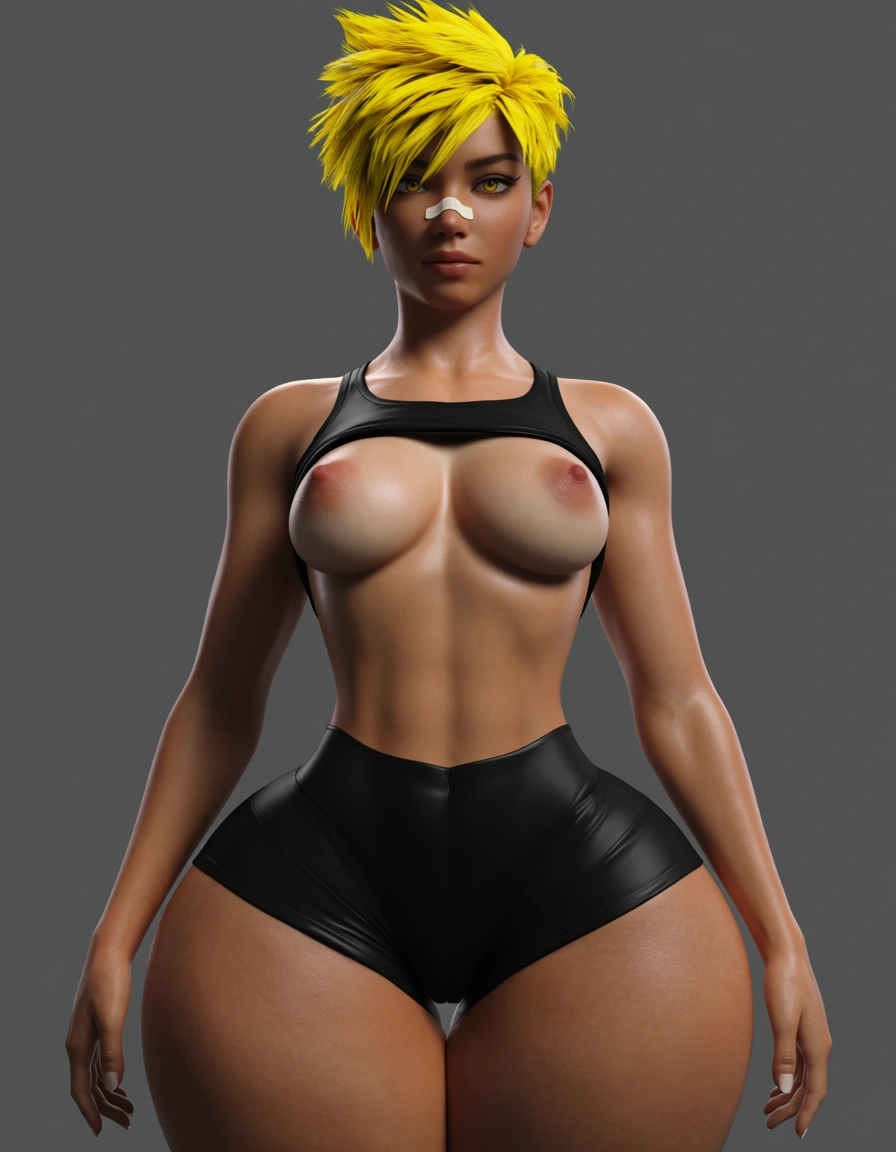 Tanned skin, semi fit, Short hair, yellow hair, yellow eyes, bandaid on nose, very small boobs but has long erect puffy nipples, small waist, huge thighs, thigh gap, huge ass,  skin tight booty shorts, sports bra,, score_9, score_8, 3d render, octane render, subsurface scattering, ray tracing, smooth shading
