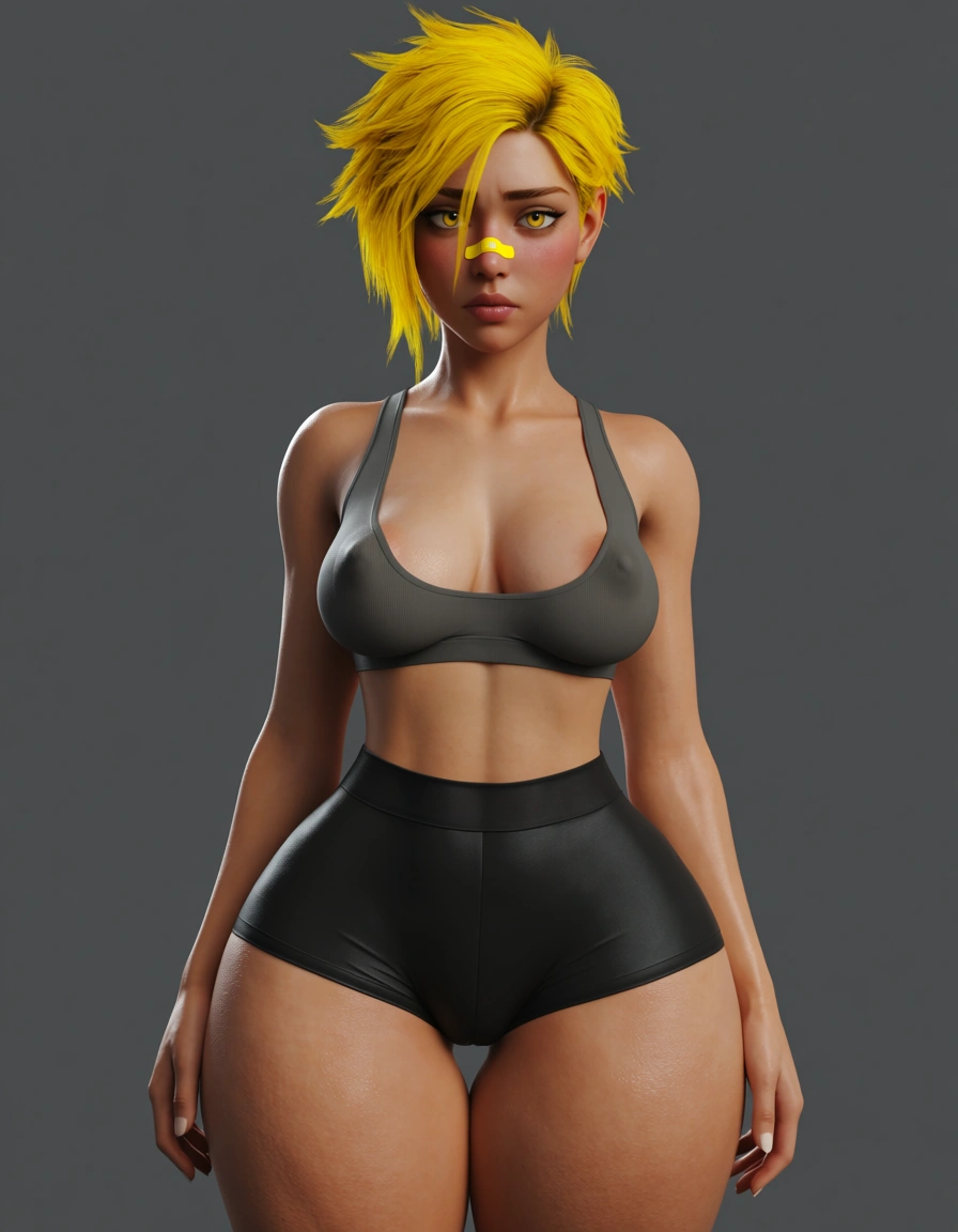 Tomboy girl, slightly shy facial expression, Tanned skin, semi fit, Short hair, yellow hair, yellow eyes, bandaid on nose, very small boobs but has long erect puffy nipples, small waist, huge thighs, thigh gap, huge ass,  skin tight booty shorts, sports bra, score_9, score_8, 3d render, octane render, subsurface scattering, ray tracing, smooth shading