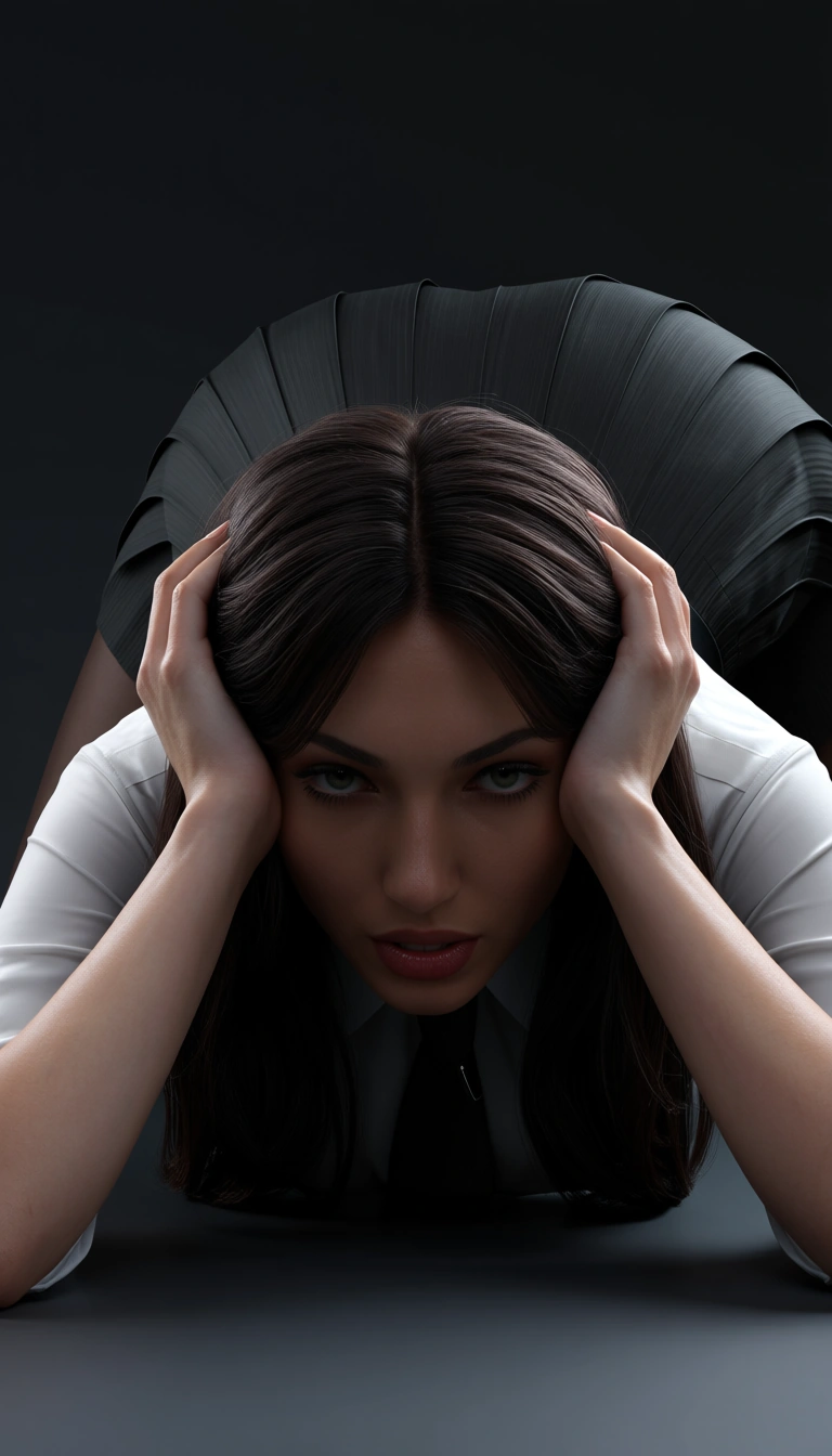 sharp focus, 8k uhd, office lady, parted bangs, pleated skirt, 69 position, golden hour, studio photo, score_9, score_8, 3d render, octane render, subsurface scattering, ray tracing, smooth shading