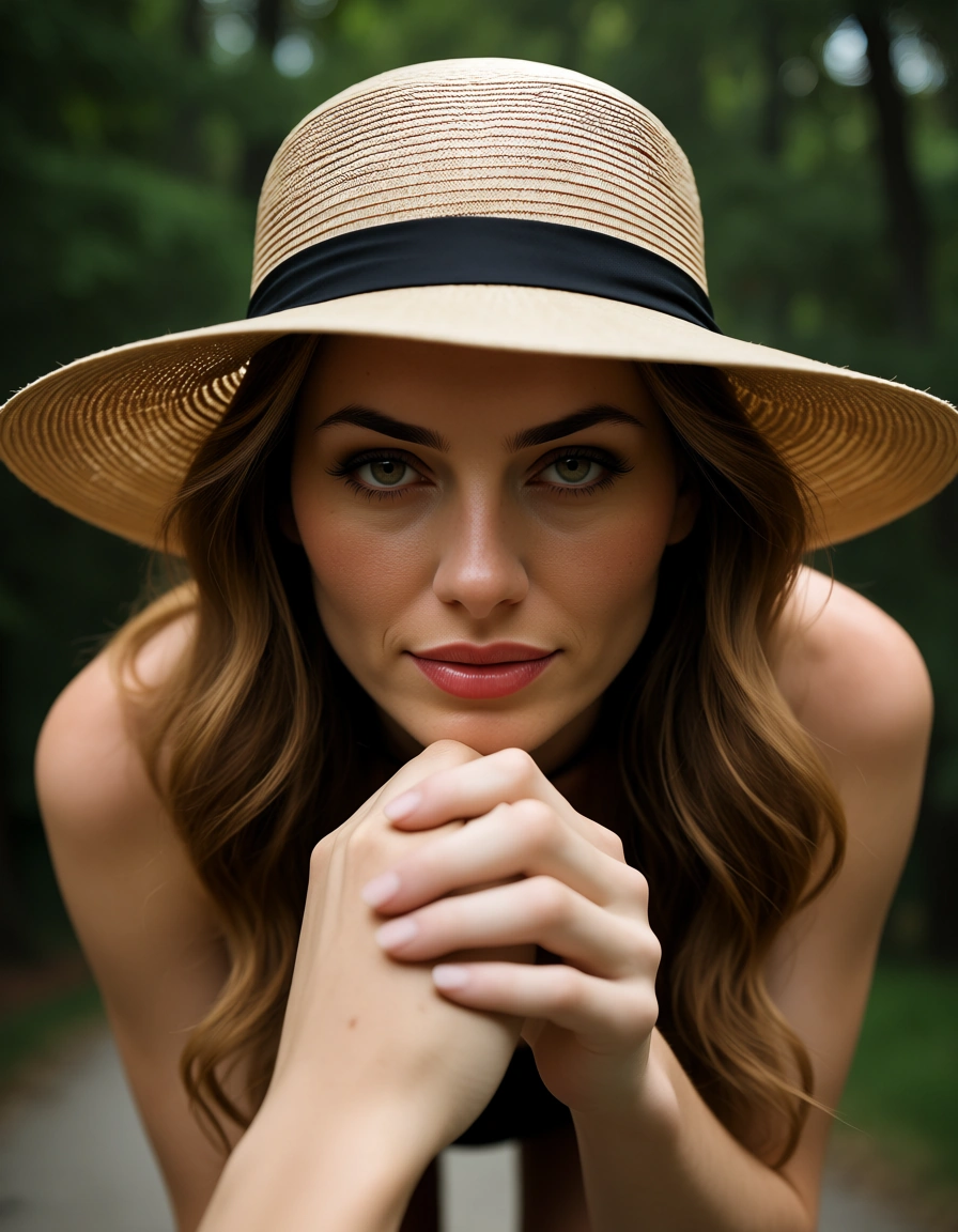 ultra HD, lifelike, bunny girl, holding hands, hat, bent over, tree, close-up, 8k uhd photo, score_9, score_8, candid photo, realistic skin texture, visible skin pores, film grain, depth of field