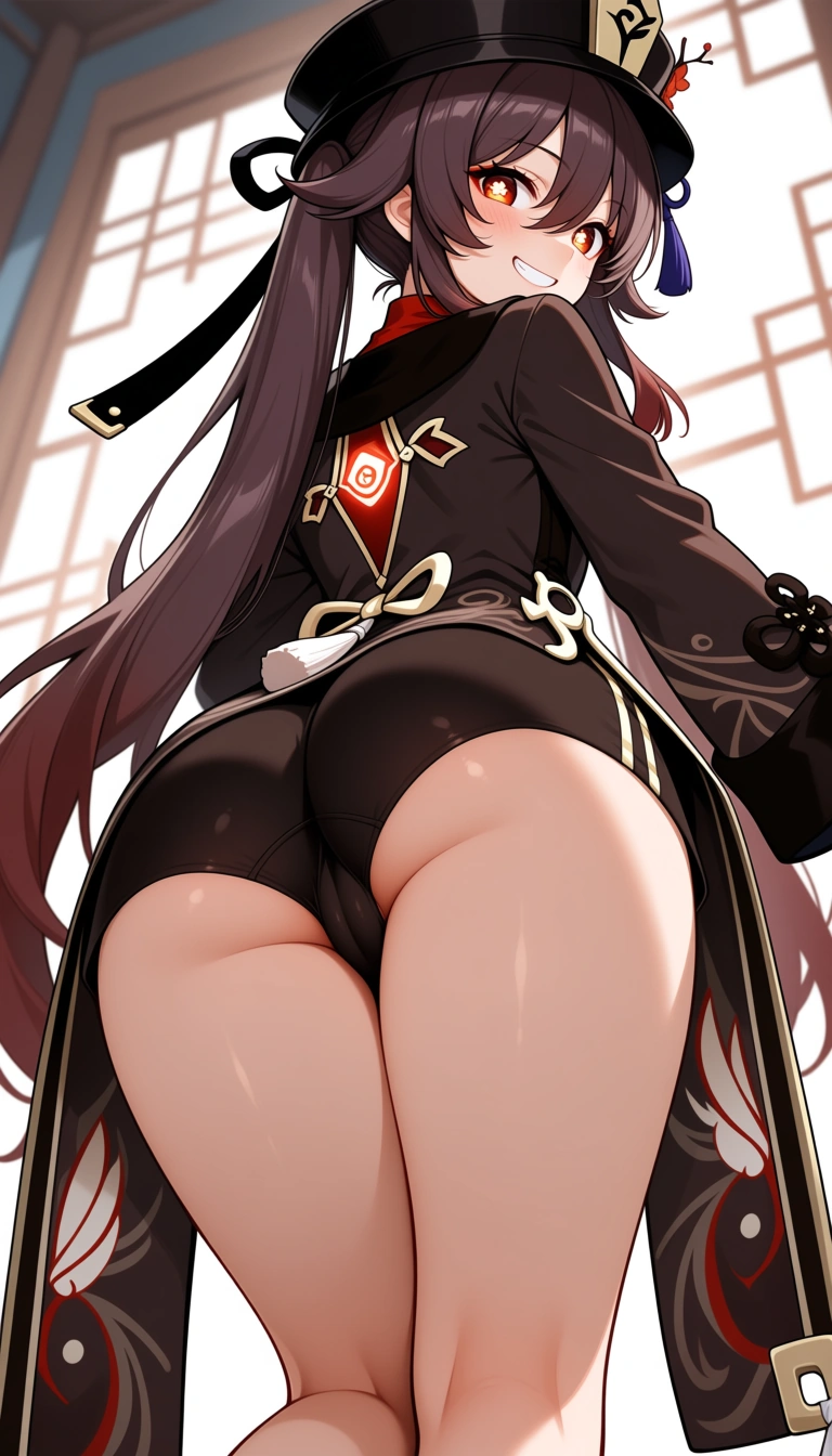 Masterpiece, Genshin Impact style, 1girl, Hu Tao, short down , panties cameltoe , from Below, from Behind, petite playful smile, standing hentai_studio_quality, hentai_studio_quality, hentai_studio_quality, hentai_studio_quality, hentai_studio_quality, hentai_studio_quality, hentai_studio_quality