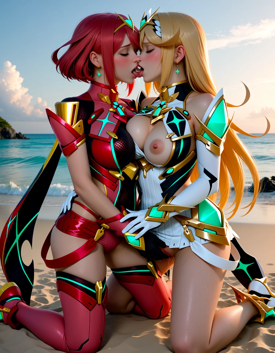 2women, kneeling, pyra \(xenoblade\) wearing red armor, mythra \(xenoblade\) wearing white armor, original outfit, offical outfit, thighboots, sex from behind, groping, one breast out, hand on another's crotch, breasts on another's back, breast press, french kiss, saliva swap, romantic, beach, sunset, natural light,, score_9, score_8, 3d render, octane render, subsurface scattering, ray tracing, smooth shading