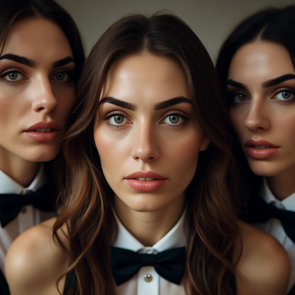 professional photo, high detail, 4girls, bowtie, hair pull, natural skin texture