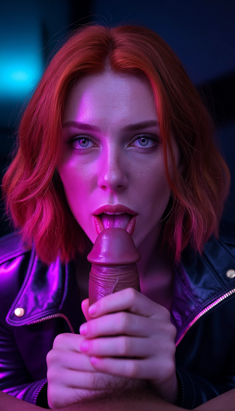 cinematic photo, 8k, redhead woman, medium hair, jacket, handjob, neon glow, film photography