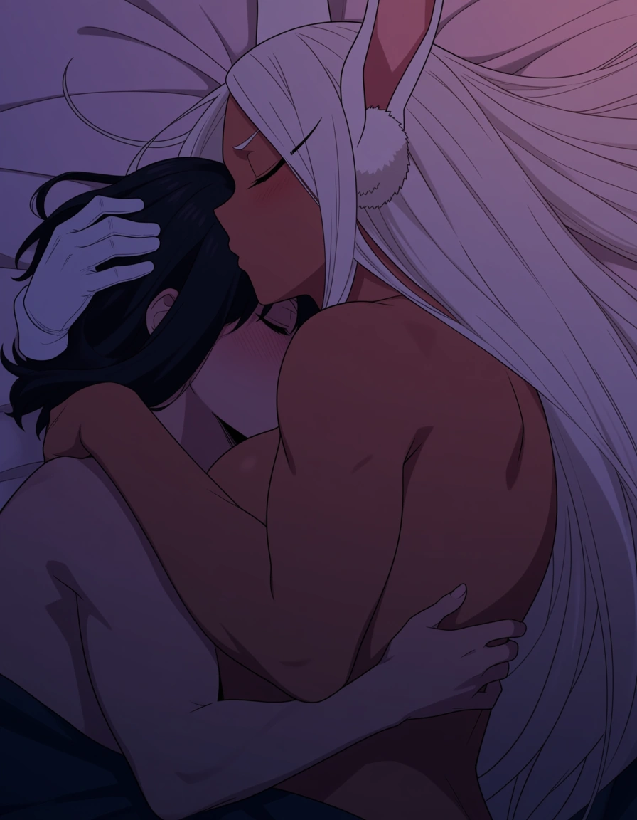 @Mirko, naked, overhead view in bed, Yuri, cuddling @uraraka_ochaco, blushing, eyes closed, kissing neck, hentai_studio_quality