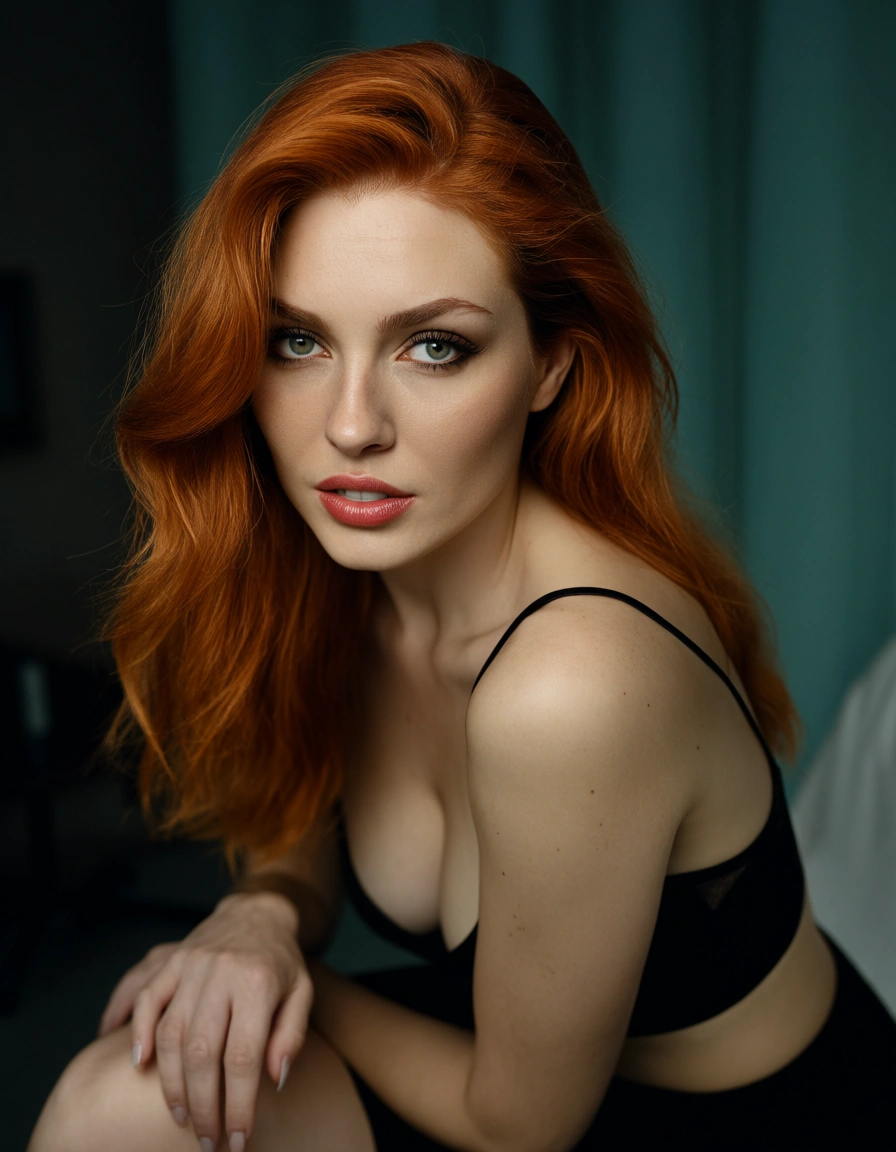 dslr, film grain, photorealistic, redhead woman, fingernails, skirt, facesitting, over the shoulder, studio photo, score_9, score_8, candid photo, realistic skin texture, visible skin pores, film grain, depth of field