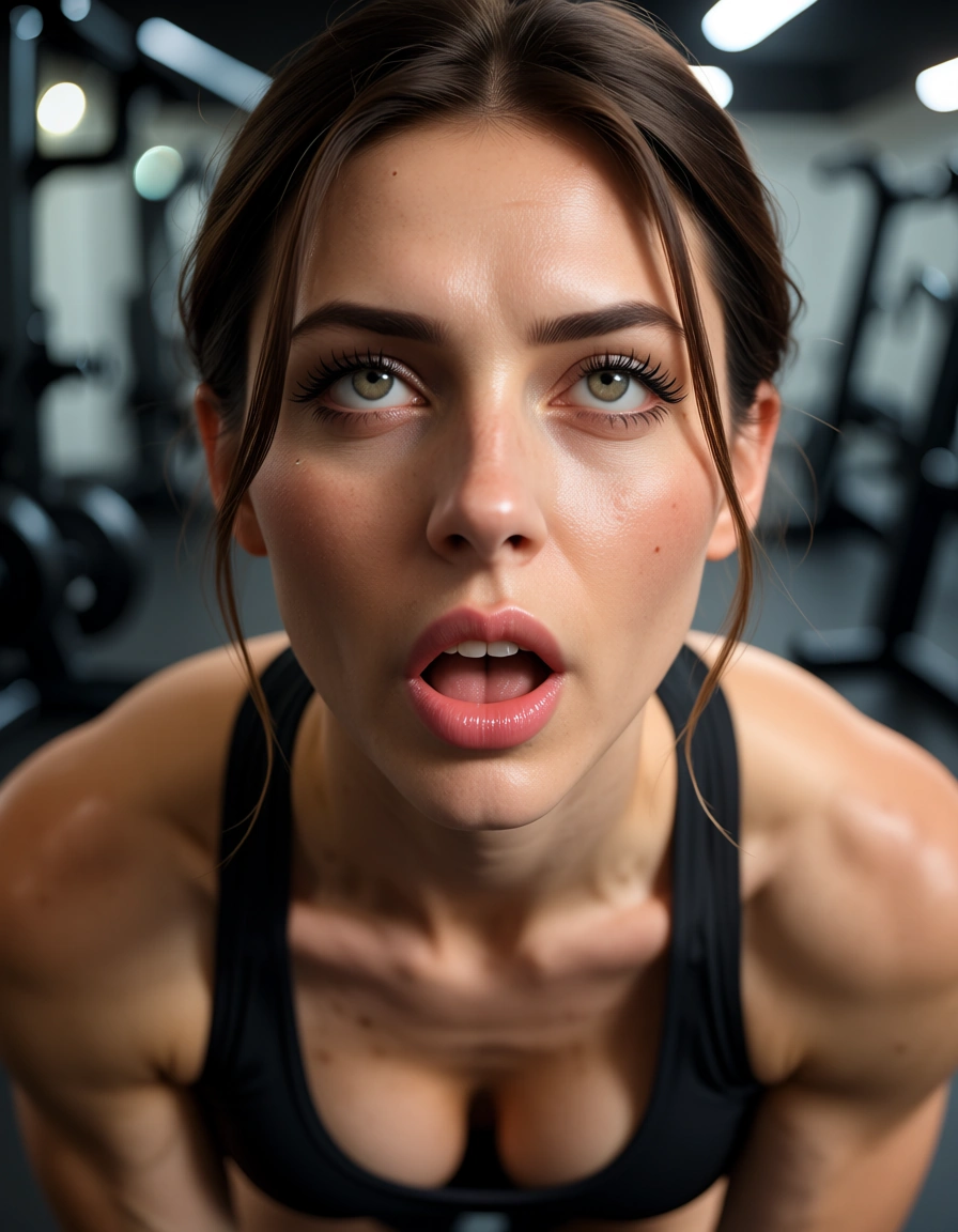 8k, sharp focus, detailed skin, fitness model, ahegao, lips, lifelike render, score_9, score_8, candid photo, realistic skin texture, visible skin pores, film grain, depth of field