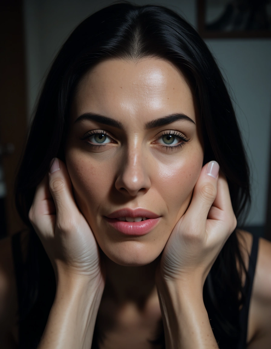 Deepthroat, @nico_robin , POV, score_9, score_8, candid photo, realistic skin texture, visible skin pores, film grain, depth of field