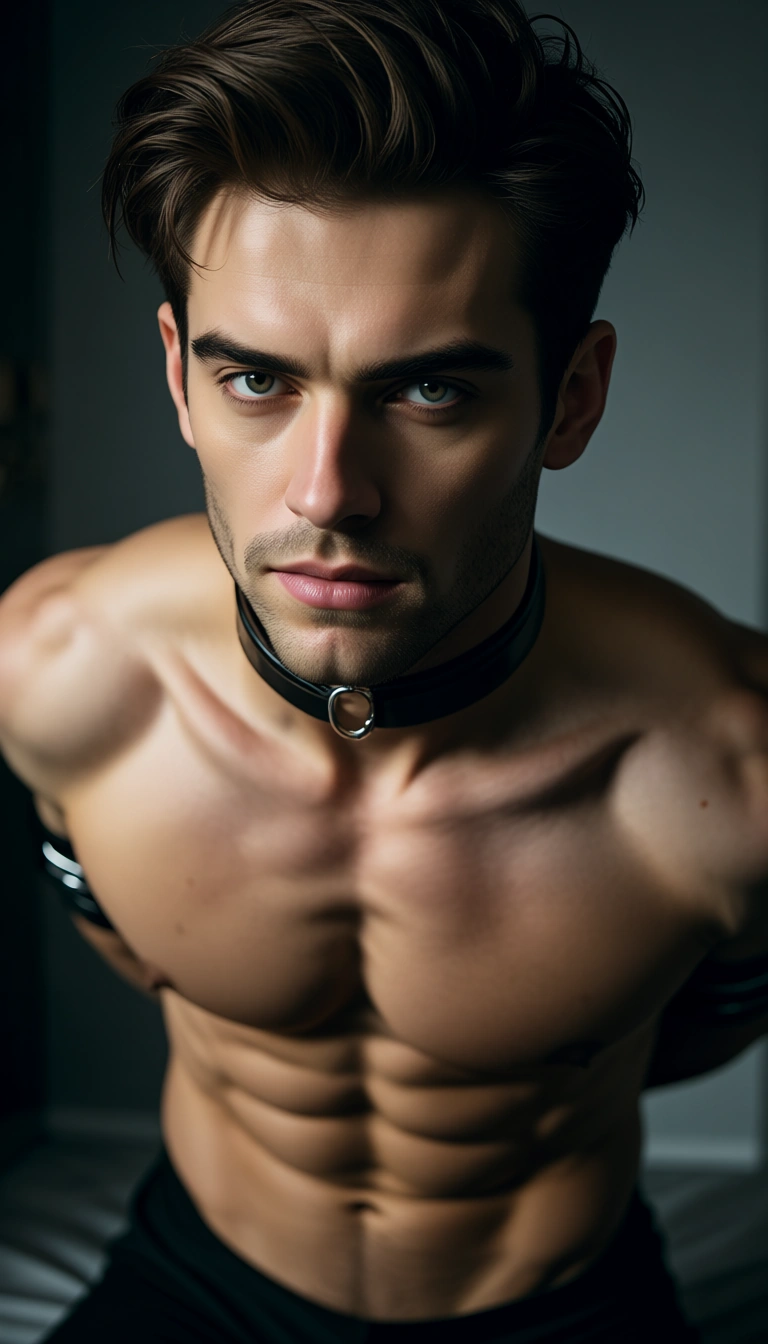 ultra HD, lifelike, 1boy, bondage, toned body, mysterious vibe, photorealistic
