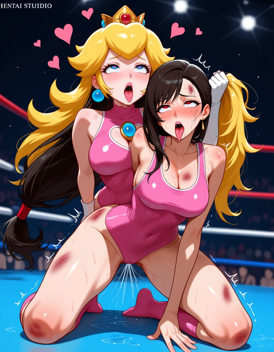 @tifa_lockhart , @princess_peach , yuri, awrestling, strapon, ahegao, squirting, bruised, defeated, , hearts, hentai_studio_quality