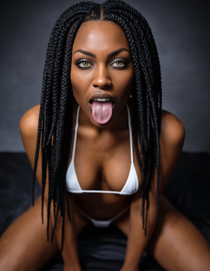 bbw, black woman, goth, white micro bikini, on her knees, cornrows, tongue out,, score_9, score_8, candid photo, realistic skin texture, visible skin pores, film grain, depth of field