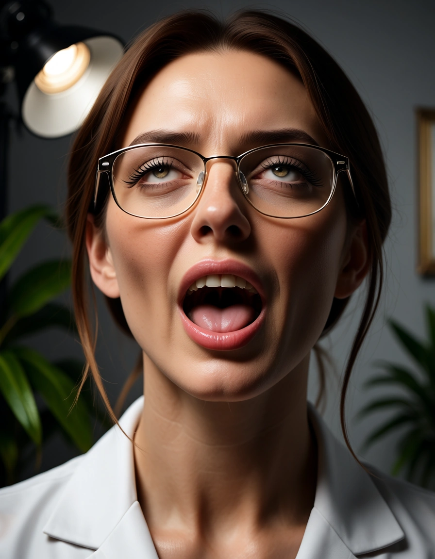 best quality, hyperrealistic, nurse, glasses, office wear, ahegao, plant, spotlight, studio photo, score_9, score_8, candid photo, realistic skin texture, visible skin pores, film grain, depth of field