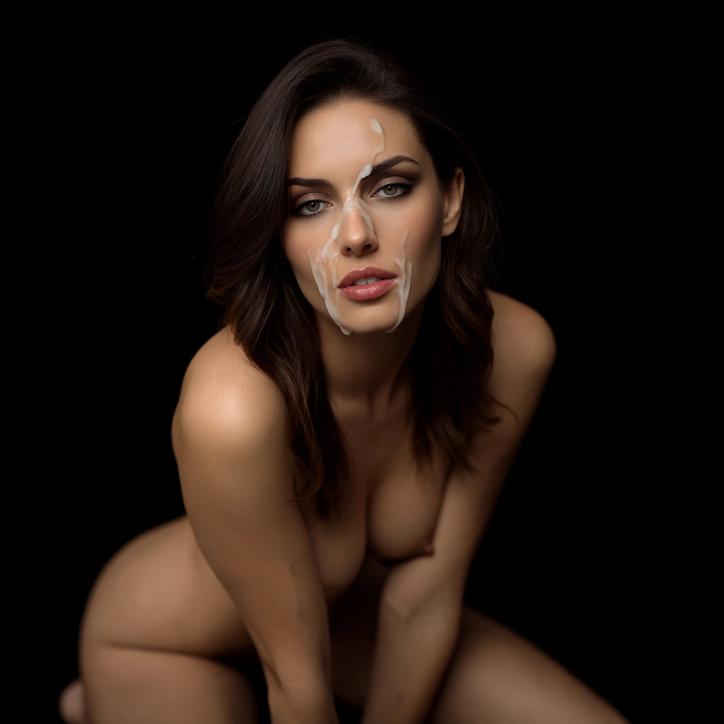 cinematic photo, 8k, brunette woman, cum on face, bare legs, black background, seductive look, cinematic realism
