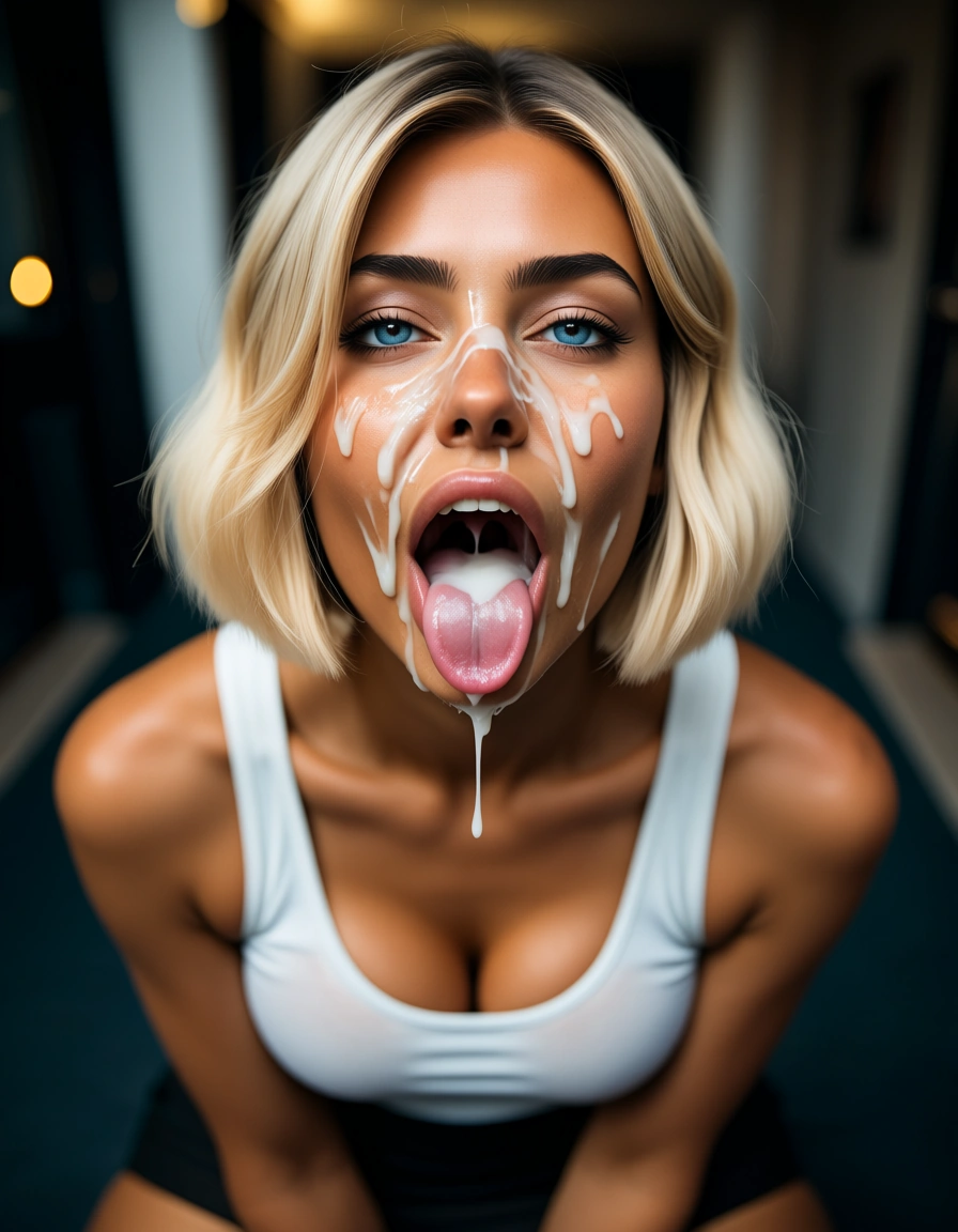 realistic. Influencer. Beauty. 21 year old. blonde_hair. bob_cut. tan. tank_top. skirt. skindentation. Busty. Girlfriend. blue_eyes. Puppy dog eyes. Cum covered face. facial. cum. cum_in_mouth. Tongue sticking out. Mouth open. tongue_out. open_mouth, score_9, score_8, candid photo, realistic skin texture, visible skin pores, film grain, depth of field