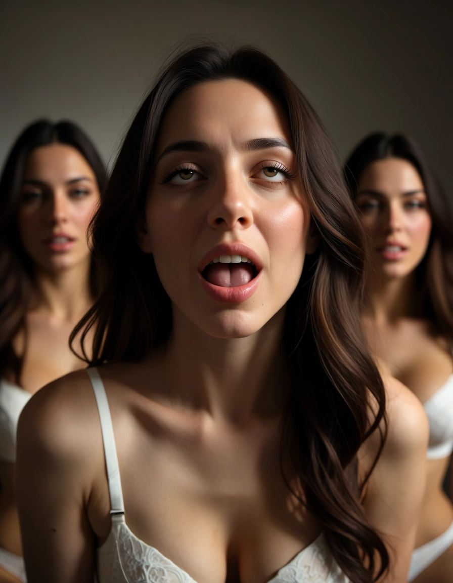 RAW photo, ultra realistic, 4women, underwear, ahegao, soft lighting, film photography, score_9, score_8, candid photo, realistic skin texture, visible skin pores, film grain, depth of field