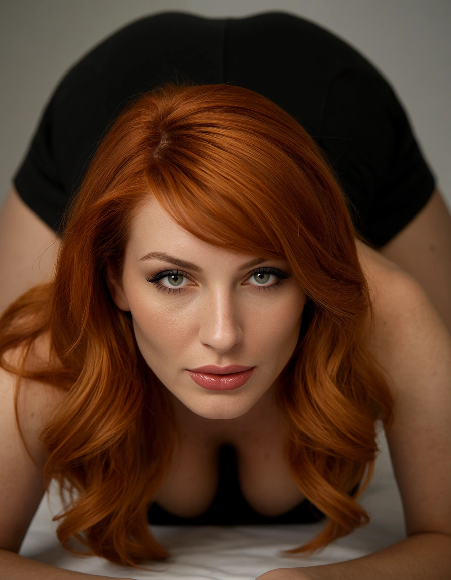 dslr, film grain, photorealistic, redhead woman, swept bangs, black skirt, 69 position, film photography, score_9, score_8, candid photo, realistic skin texture, visible skin pores, film grain, depth of field