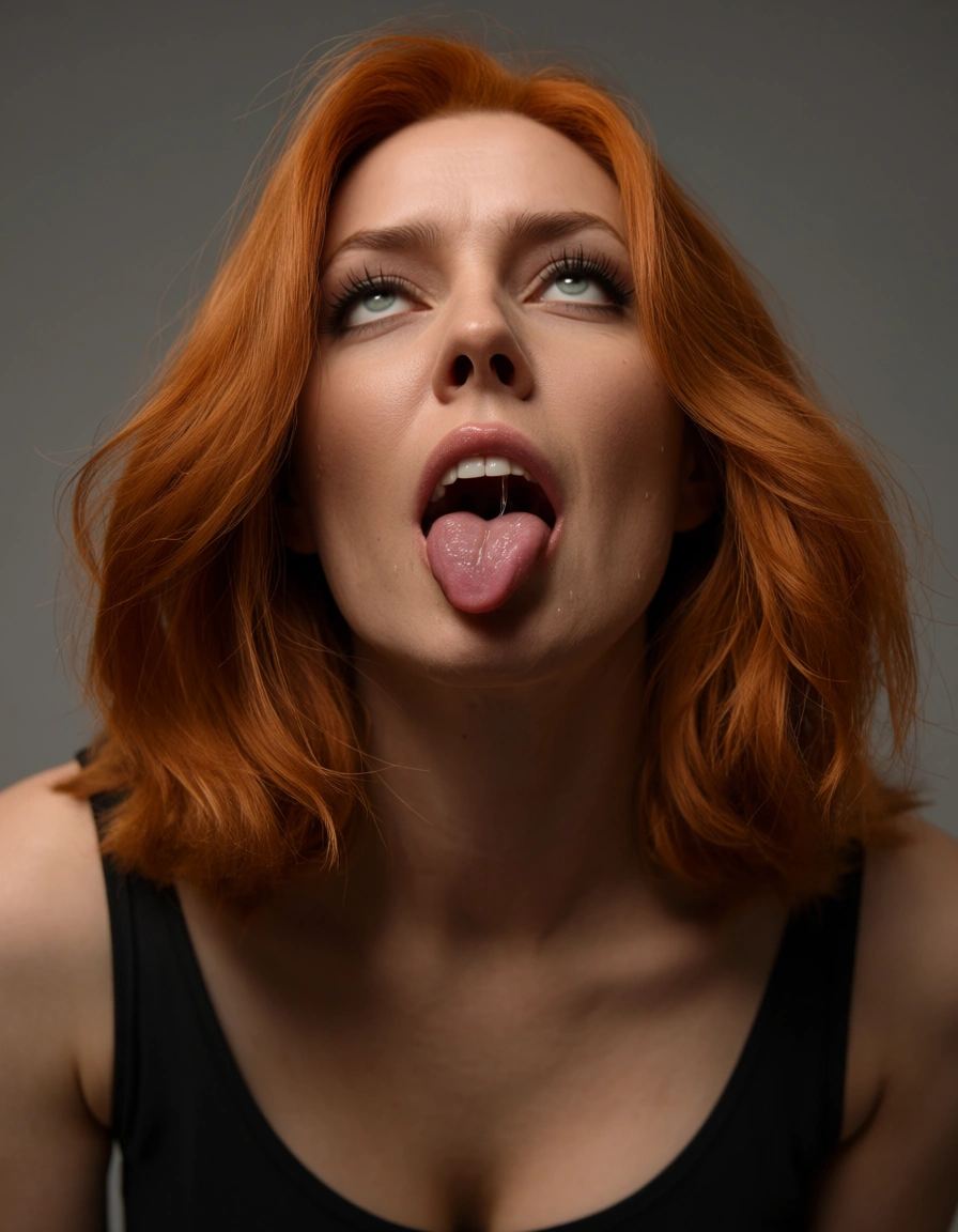 cinematic photo, 8k, redhead woman, soles, sleeveless, ahegao, simple background, from below, lifelike render, score_9, score_8, candid photo, realistic skin texture, visible skin pores, film grain, depth of field