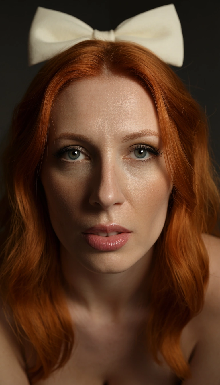 dslr, film grain, photorealistic, redhead woman, bow, titfuck
