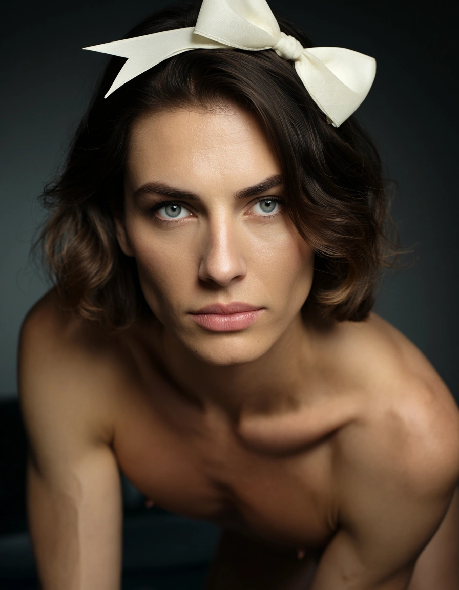 professional photo, high detail, male focus, bow, doggy style, photorealistic, score_9, score_8, candid photo, realistic skin texture, visible skin pores, film grain, depth of field