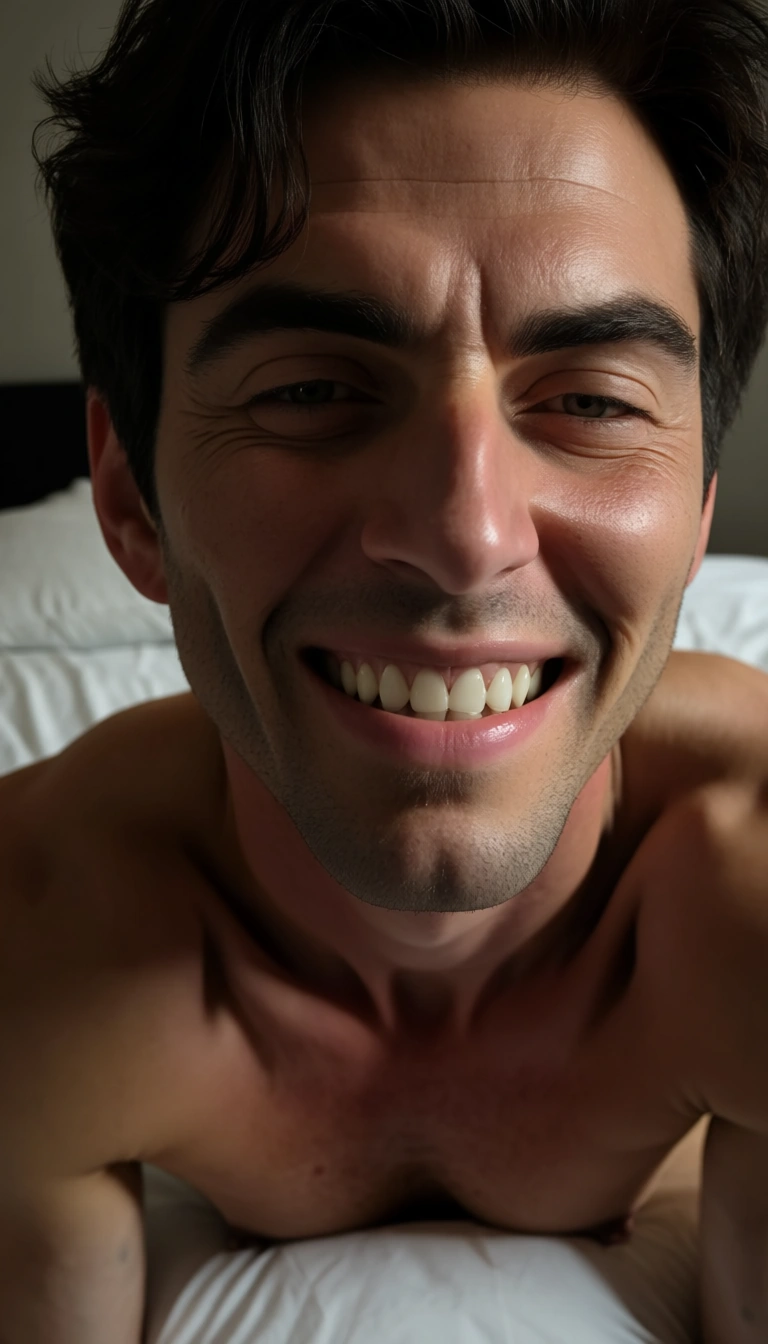 natural skin, sharp, 1boy, deepthroat, arms up, teasing grin, bed sheet, natural lighting