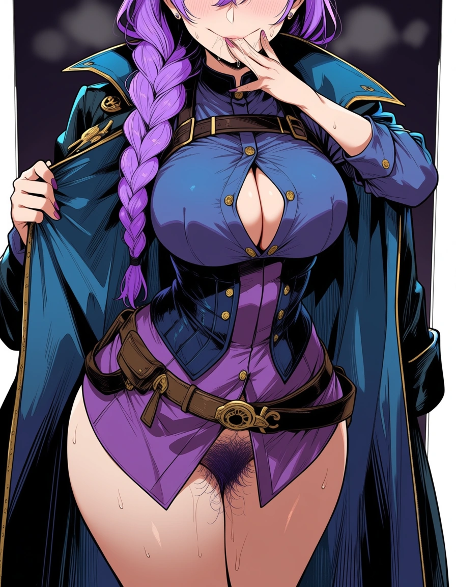 woman with a long purple braid, large breasts, wearing a fitted blue and purple Victorian-style coat, jacket open and nude underneath, sucking on her fingers, confident stance, hairy pussy, pubic hair very hairy hairier pussy, sweat, steampunk sheriff aesthetic

manga panel look, hentai_studio_quality, hentai_studio_quality, hentai_studio_quality, hentai_studio_quality, hentai_studio_quality, hentai_studio_quality, hentai_studio_quality