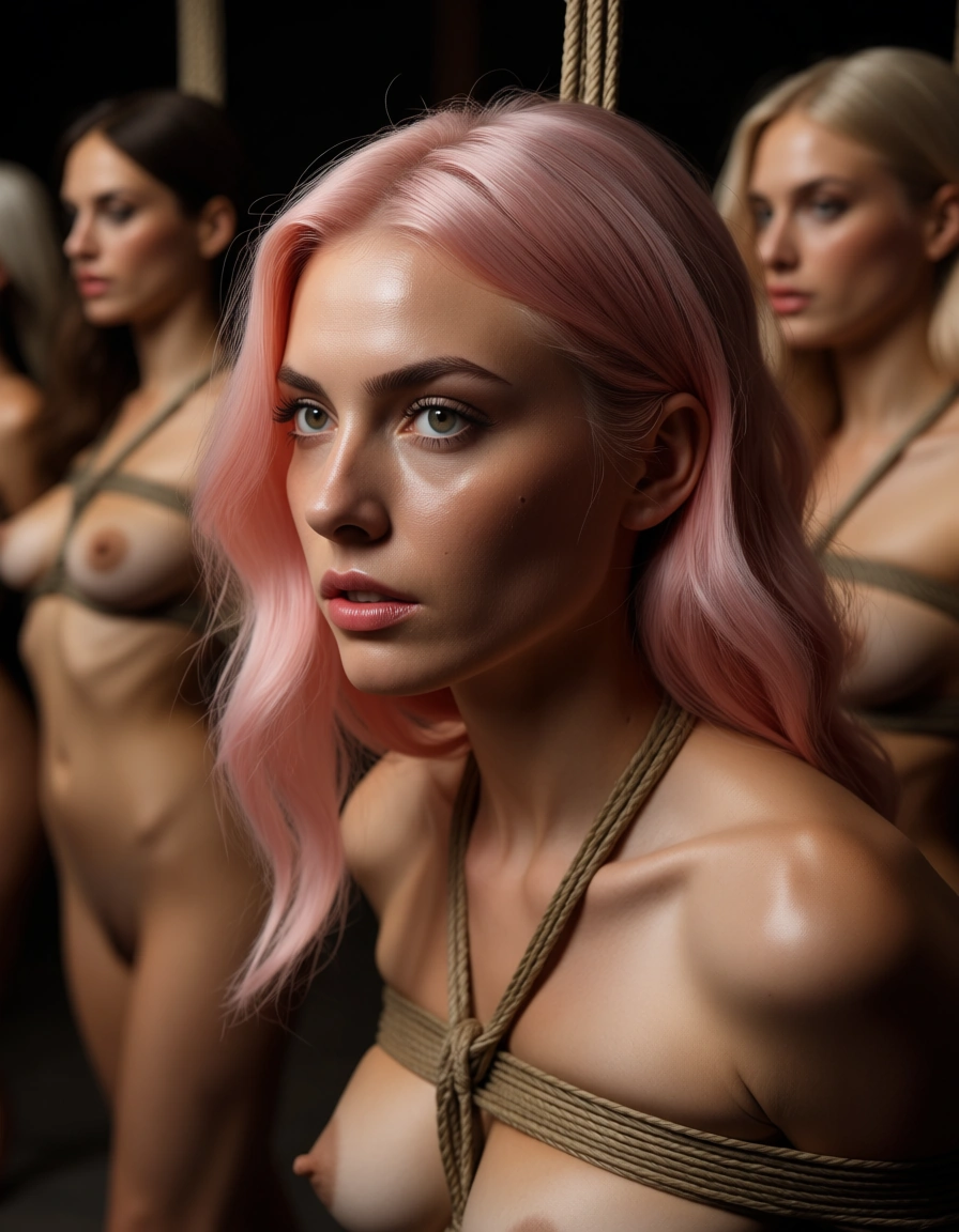 highly detailed, natural lighting, 6+women, pink hair, alternate costume, bondage, warm tones, studio photo, score_9, score_8, candid photo, realistic skin texture, visible skin pores, film grain, depth of field
