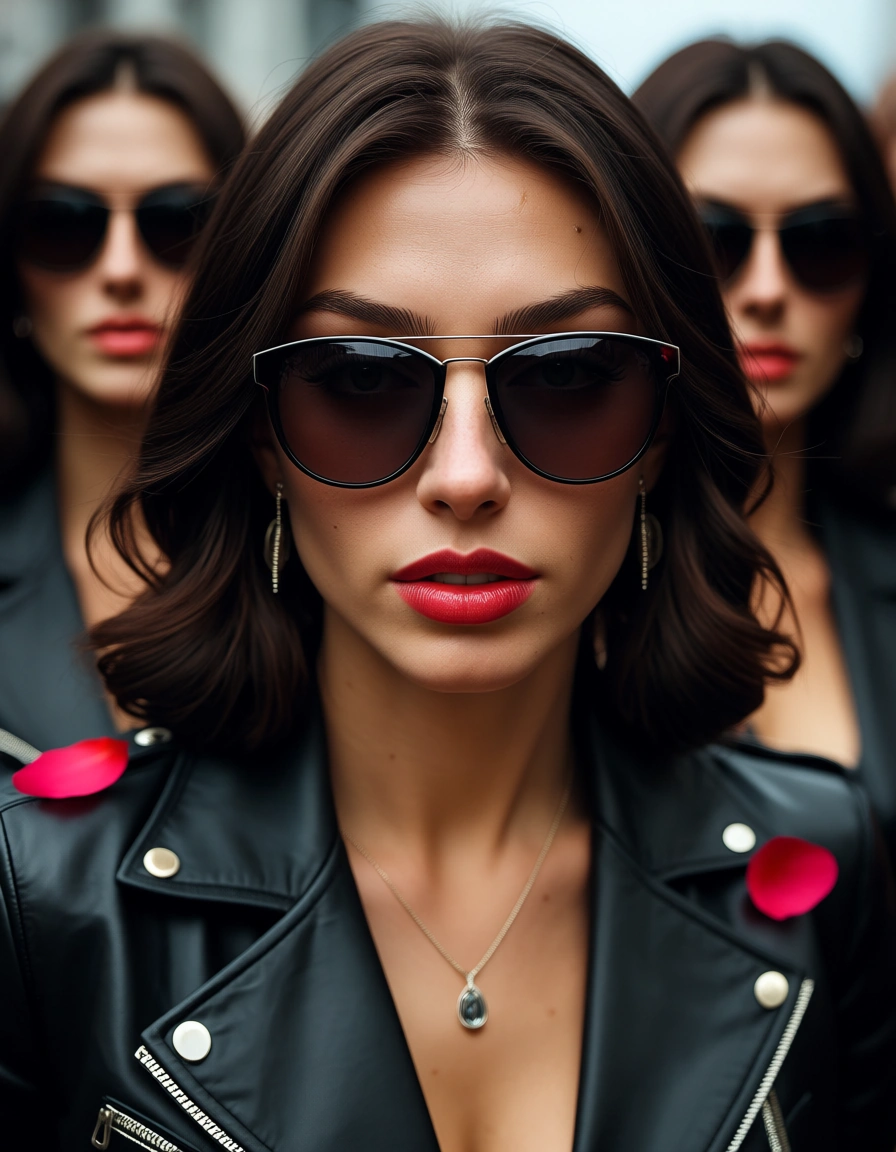 best quality, hyperrealistic, 6+girls, sunglasses, jacket, doggy style, petals, close-up, score_9, score_8, candid photo, realistic skin texture, visible skin pores, film grain, depth of field
