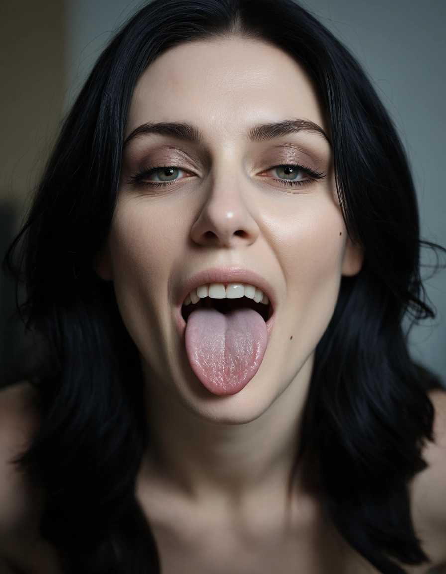 giantess, pale, black hair, tongue out, score_9, score_8, candid photo, realistic skin texture, visible skin pores, film grain, depth of field