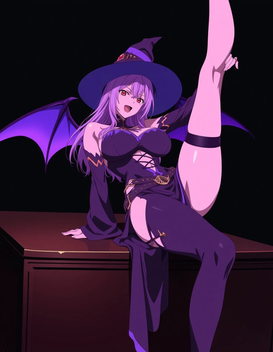 highres, vivid, witch, thigh strap, wings, leg up, table, visual novel art, (anime style:1.3), 2d, anime screencap, cel shading, flat color, @00osamio00