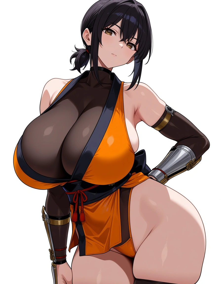 kaede_(onimusha_warloads) female ninja orange_clothes japanese_clothes orange_mini_skirt black_hair short_hair low_ponytail short_ponytail, bare_shoulders bare_thigh, brown_eyes,gauntlet, thighhighs,, huge_breasts, hentai_studio_quality, upper_body_black_inner, orange_panties highleg_panties, hentai_studio_quality