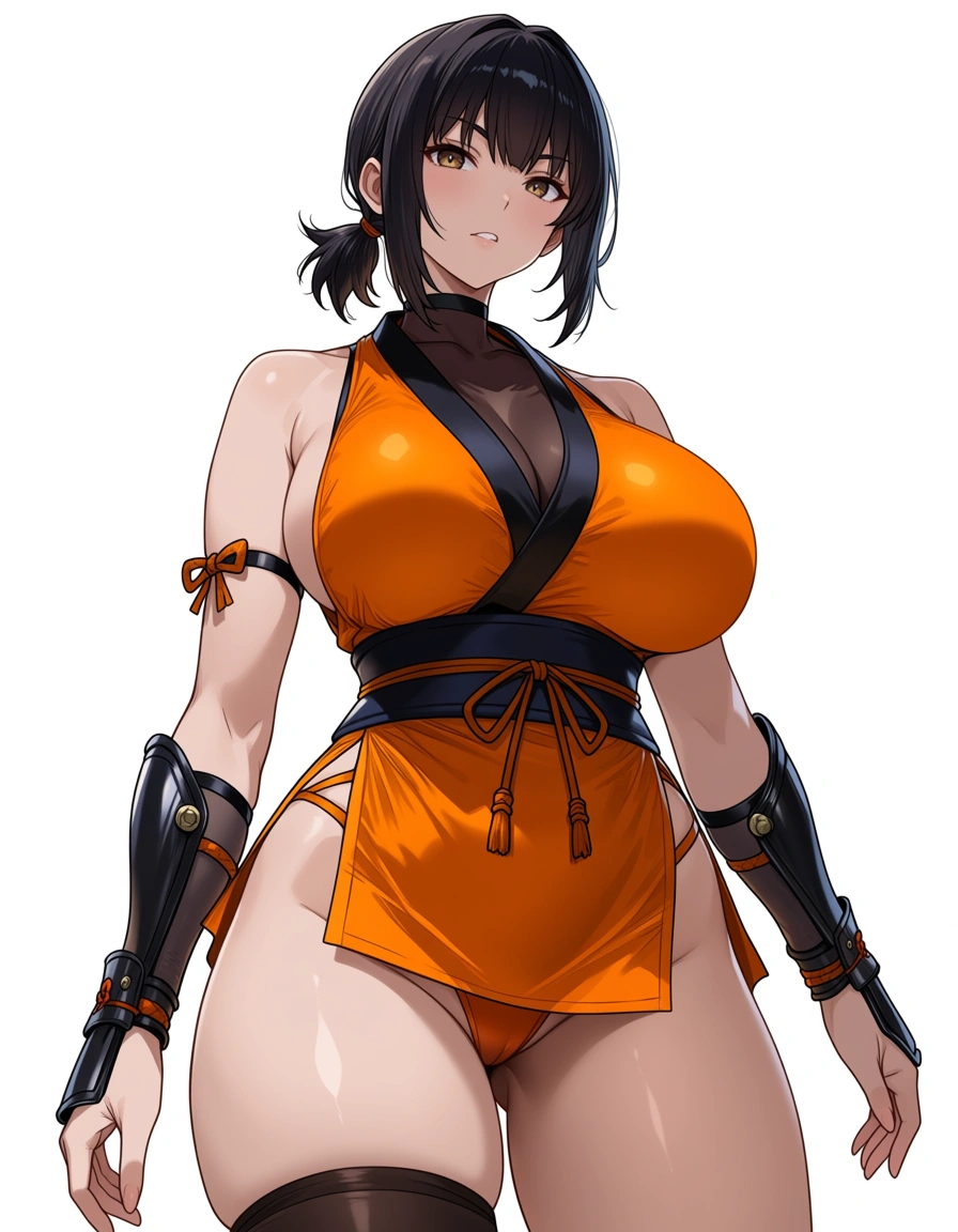 kaede_(onimusha_warloads) female ninja orange_clothes japanese_clothes orange_mini_skirt black_hair short_hair low_ponytail short_ponytail, bare_shoulders bare_thigh, brown_eyes,gauntlet, thighhighs,, huge_breasts, hentai_studio_quality, upper_body_black_inner, orange_panties highleg_panties, hentai_studio_quality, hentai_studio_quality