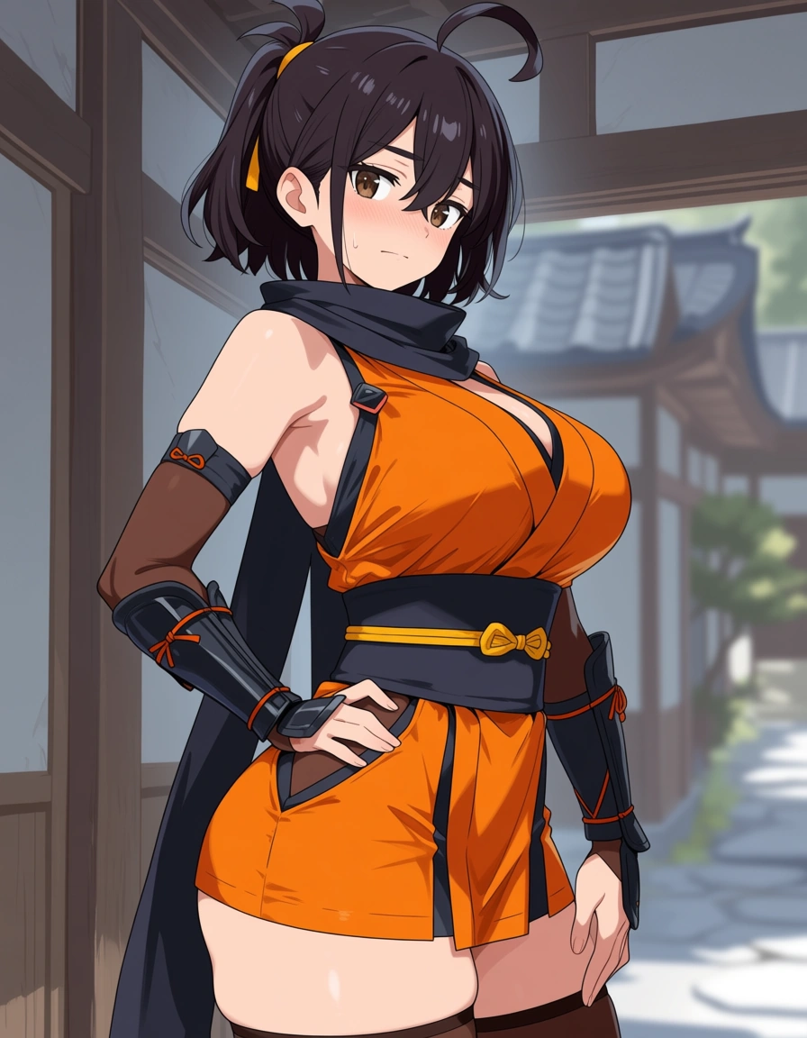 kaede_onimusha  female ninja orange_clothes japanese_clothes orange_mini_skirt black_hair  (((low_ponytail)))short_hair, bare_shoulders bare_thigh, brown_eyes,gauntlet, thighhighs, short_sideburns, hentai_studio_quality, hentai_studio_quality
