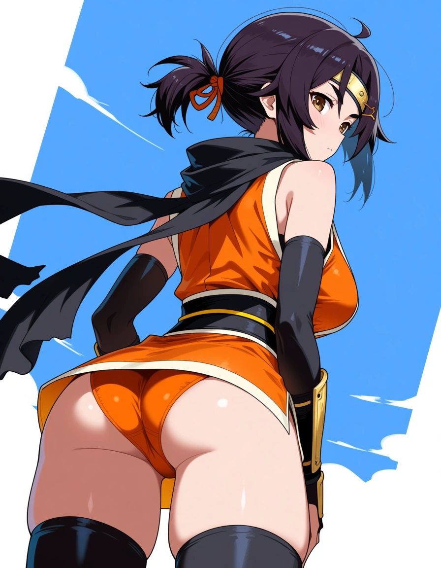 kaede female ninja orange_clothes japanese_clothes orange_mini_skirt {black_hair low_ponytail short_hair }, bare_shoulders bare_thigh, brown_eyes,gauntlet, thighhighs, short_sideburns,, orange_panties, hentai_studio_quality, hentai_studio_quality, hentai_studio_quality, hentai_studio_quality