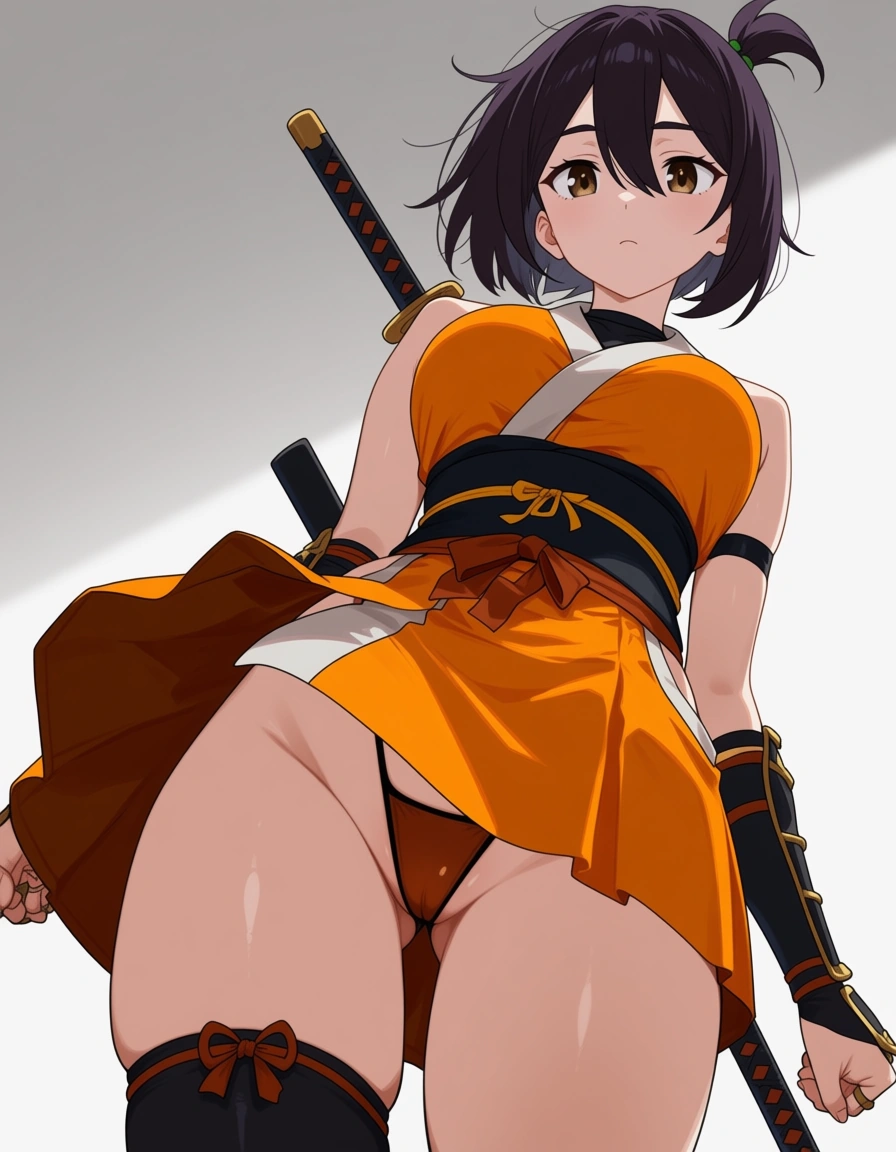 kaede_onimusha female ninja orange_clothes japanese_clothes upper_body_orange_clothes orange_mini_skirt {black_hair side_bangs low_ponytail short_hair }, bare_shoulders bare_thigh, brown_eyes,gauntlet, thighhighs, short_sideburns,, highleg_panties orange_panties,,cameltoe, hentai_studio_quality, hentai_studio_quality