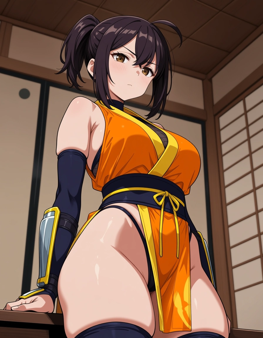 kaede_onimusha female ninja orange_clothes japanese_clothes upper_body_orange_clothes orange_mini_skirt {black_hair side_bangs low_ponytail short_hair }, bare_shoulders bare_thigh, brown_eyes,gauntlet, thighhighs, short_sideburns,, highleg_panties orange_panties,,cameltoe, hentai_studio_quality, hentai_studio_quality, hentai_studio_quality, hentai_studio_quality, hentai_studio_quality