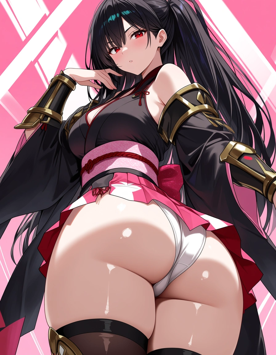 yagyu_jubei_akane_onimusha_dawn_of_dreams 1girl cherry_pink_vest japanese_clothes (mini_skirt) black_hair long_hair (((left_side_ponytail)))bare_thigh, ,gauntlet, thighhighs,, small_breasts upper_body_black_inner, thick_thighs, (height_150cm),,  red_eye,, white_panties huge_ass from_behind hentai_studio_quality, hentai_studio_quality