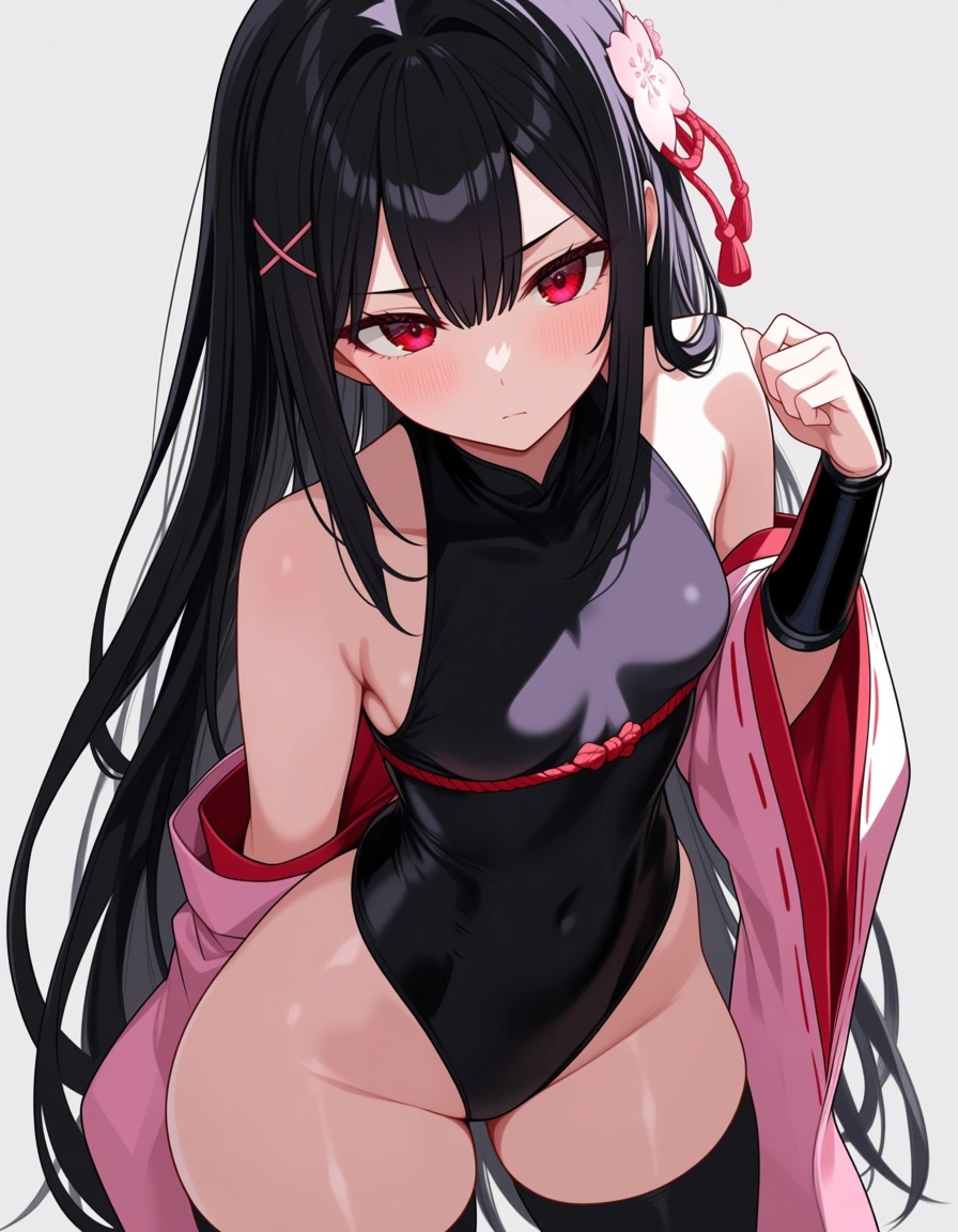 yagyu_jubei_akane_onimusha_dawn_of_dreams 1girl cherry_pink_vest japanese_clothes black_hair long_hair (((left_side_ponytail)))bare_thigh, ,gauntlet, thighhighs,, small_breasts upper_body_black_inner, thick_thighs, red_eye,, black_buruma, hentai_studio_quality, hentai_studio_quality, hentai_studio_quality, hentai_studio_quality, hentai_studio_quality