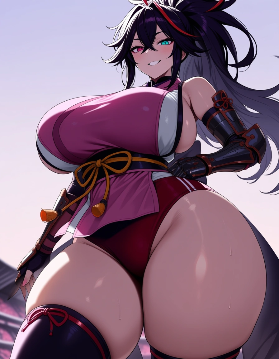 female_yagyu_onimusha 1girl cherry_pink_vest japanese_clothes black_hair  (((ponytail))) bare_thigh,  ,gauntlet, thighhighs,,  upper_body_dark_purple_inner, thick_thighs, heterochromia, buruma , curvy, hentai_studio_quality, hentai_studio_quality