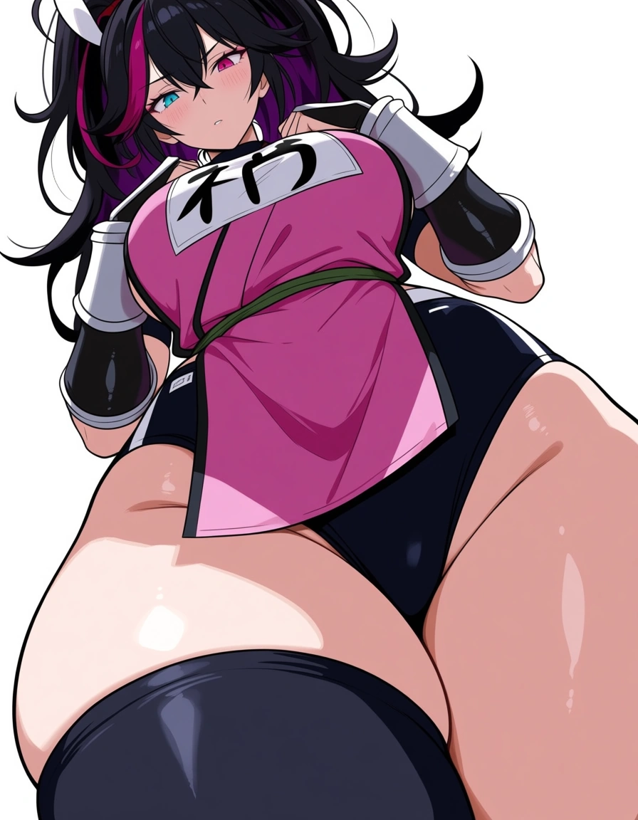 female_yagyu_onimusha 1girl cherry_pink_vest japanese_clothes black_hair (((ponytail))) bare_thigh, ,gauntlet, thighhighs,, upper_body_dark_purple_inner, thick_thighs, heterochromia, buruma , curvy, hentai_studio_quality, hentai_studio_quality, hentai_studio_quality