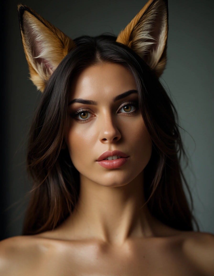 best quality, hyperrealistic, 1woman, presenting, animal ears, 8k uhd photo, score_9, score_8, candid photo, realistic skin texture, visible skin pores, film grain, depth of field