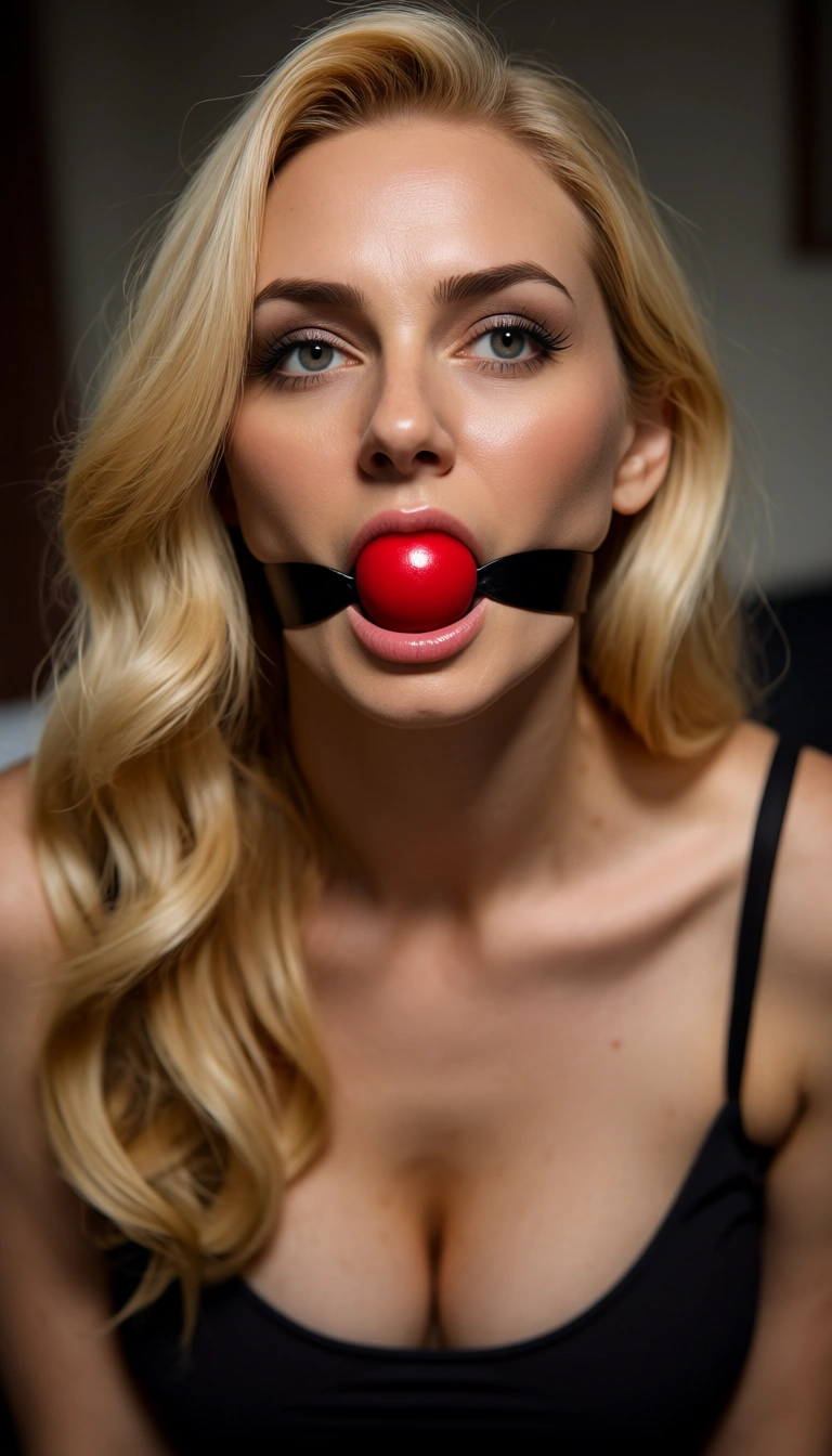 woman blonde_hair, Moncler Parana wearing, ball gagged