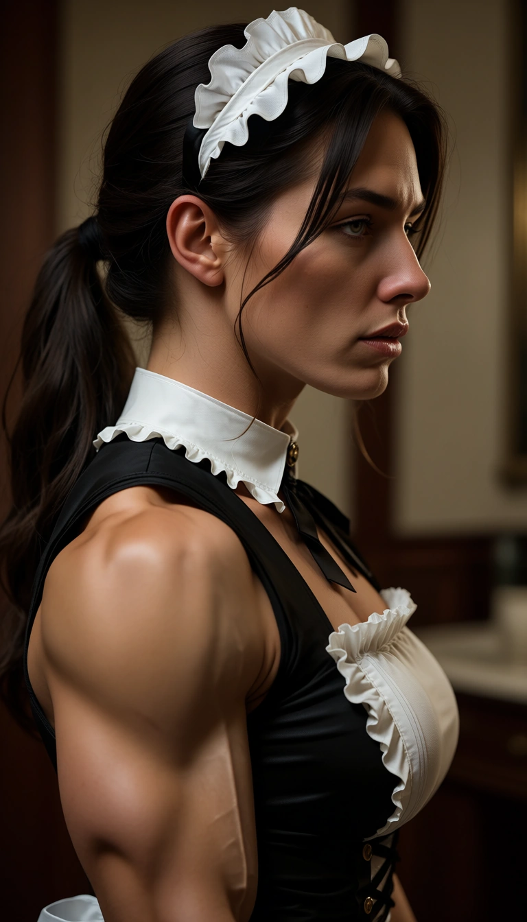 dslr, film grain, photorealistic, maid, muscular, sleeveless, titfuck, side view, soft lighting, hyperrealistic
