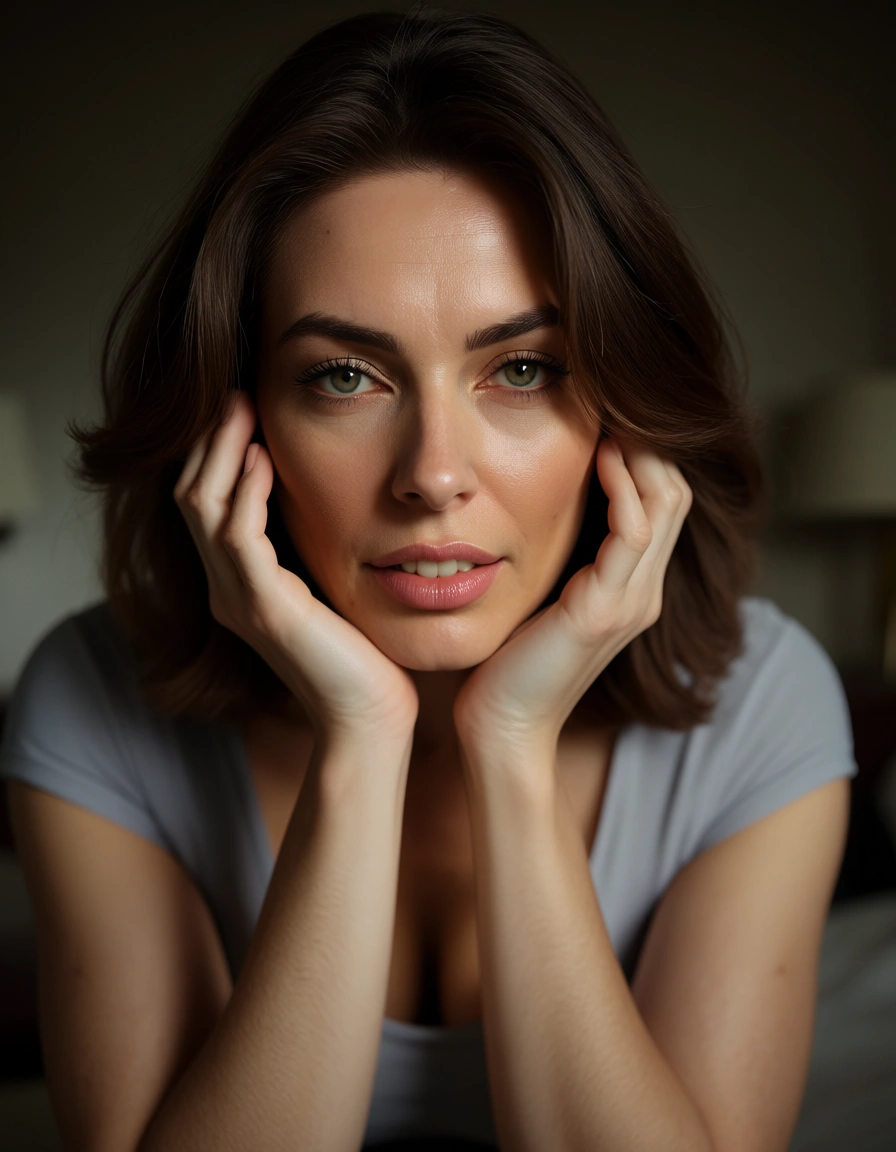 studio quality, sharp focus, mature female, short sleeves, presenting, soft lighting, dslr quality, score_9, score_8, candid photo, realistic skin texture, visible skin pores, film grain, depth of field