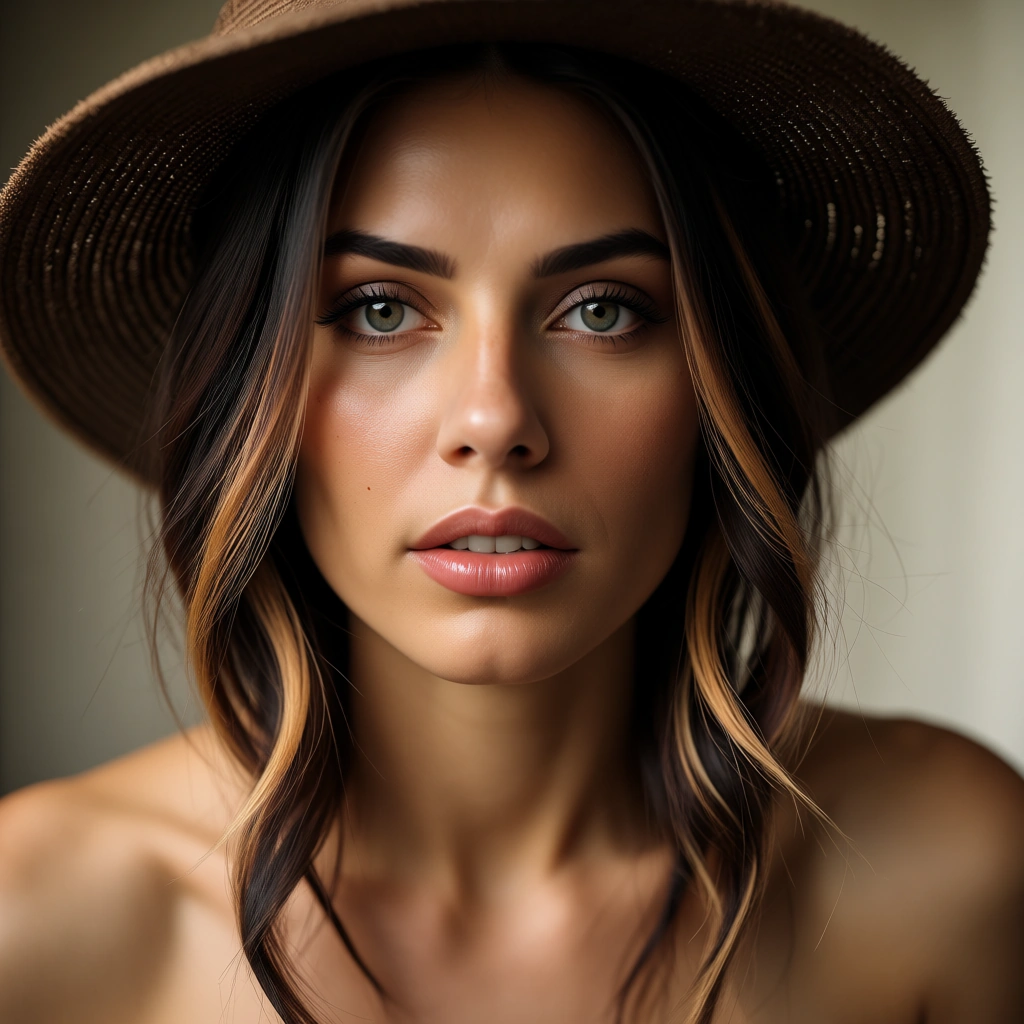 8k, sharp focus, detailed skin, 1girl, streaked hair, hat, fully nude, RAW photo