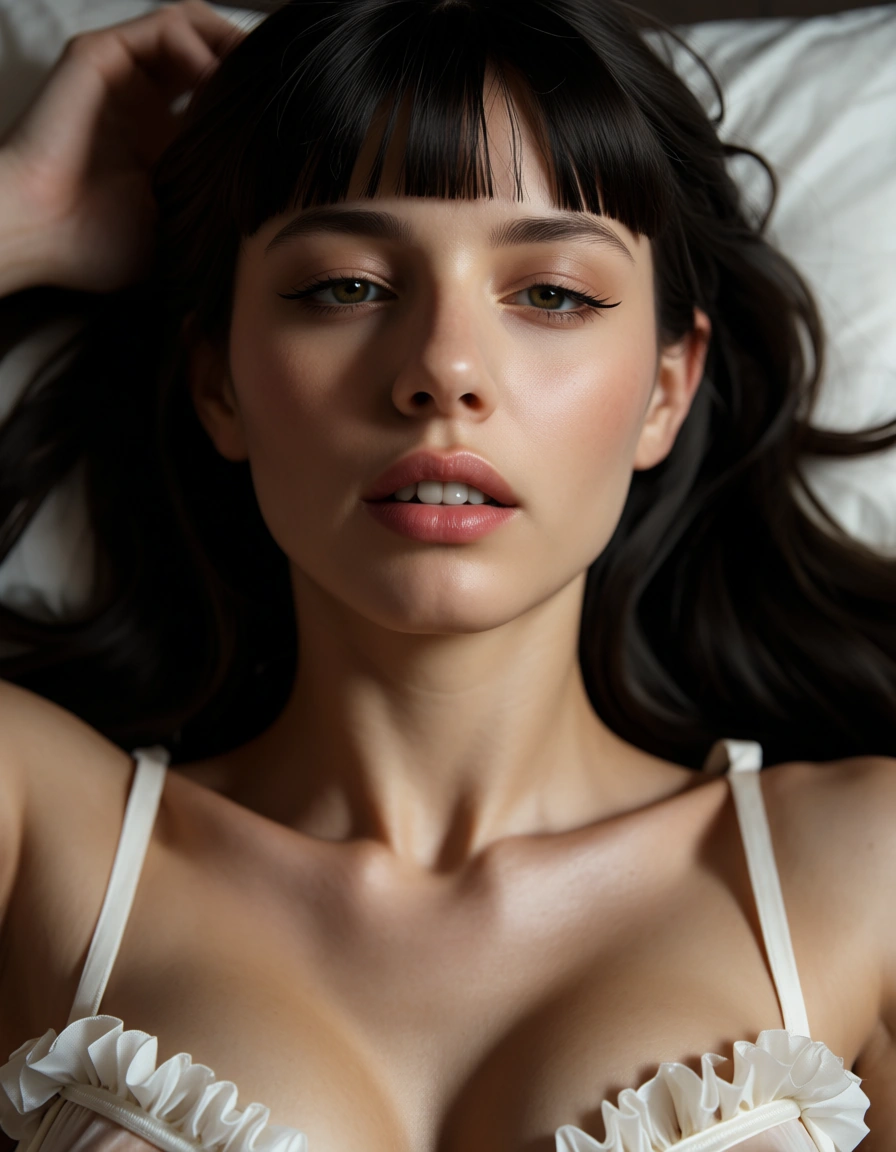 best quality, hyperrealistic, milf, blunt bangs, frills, missionary, natural skin texture, score_9, score_8, candid photo, realistic skin texture, visible skin pores, film grain, depth of field