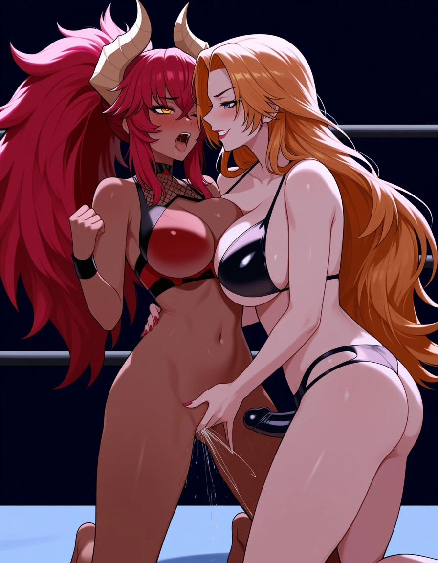 2girls , Best_quality, ultra_detailed, zentreya_(vtuber)-red_hair-dragon_horns , @matsumoto_rangiku , yuri sex ,wrestling_ring wrestling defeated, pussy_juice squirting orgasm , on_floor strap-on sex_from_behind kneeling fingering from_side, hentai_studio_quality, hentai_studio_quality