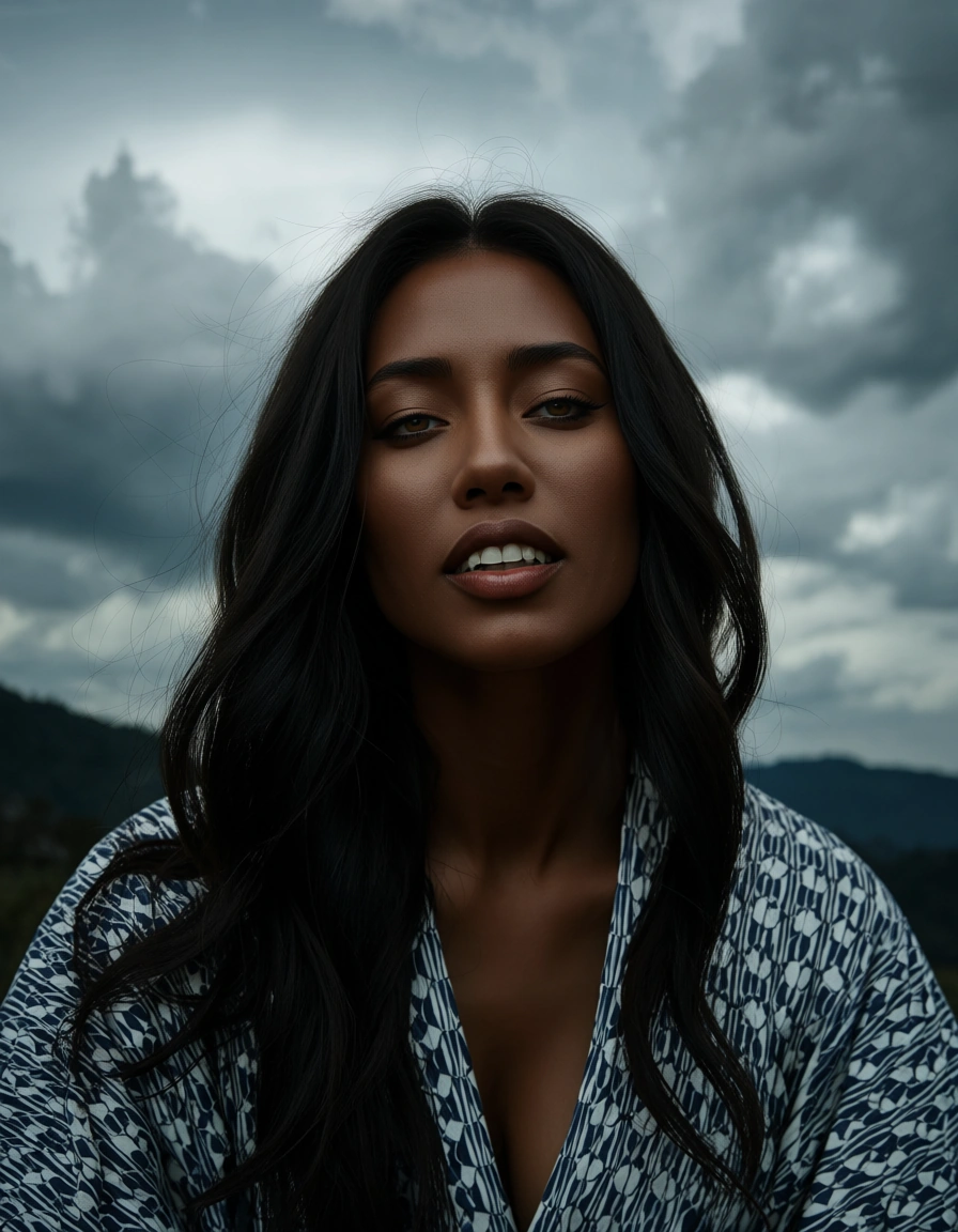 RAW photo, ultra realistic, succubus, dark skin, japanese clothes, doggy style, cloudy sky, wide shot, hyperrealistic, score_9, score_8, candid photo, realistic skin texture, visible skin pores, film grain, depth of field