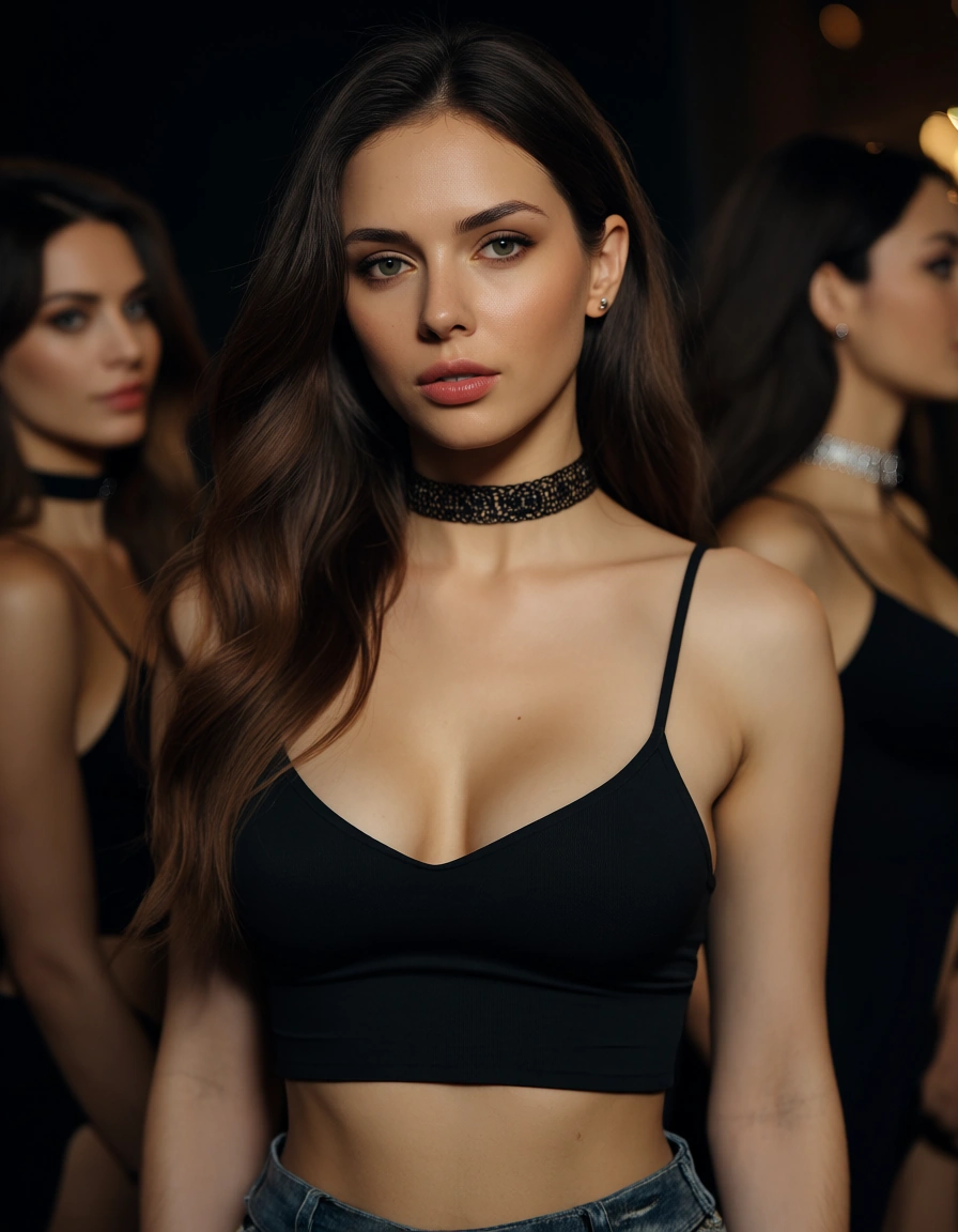 professional photo, high detail, multiple women, midriff, choker, facesitting, dslr quality, score_9, score_8, candid photo, realistic skin texture, visible skin pores, film grain, depth of field