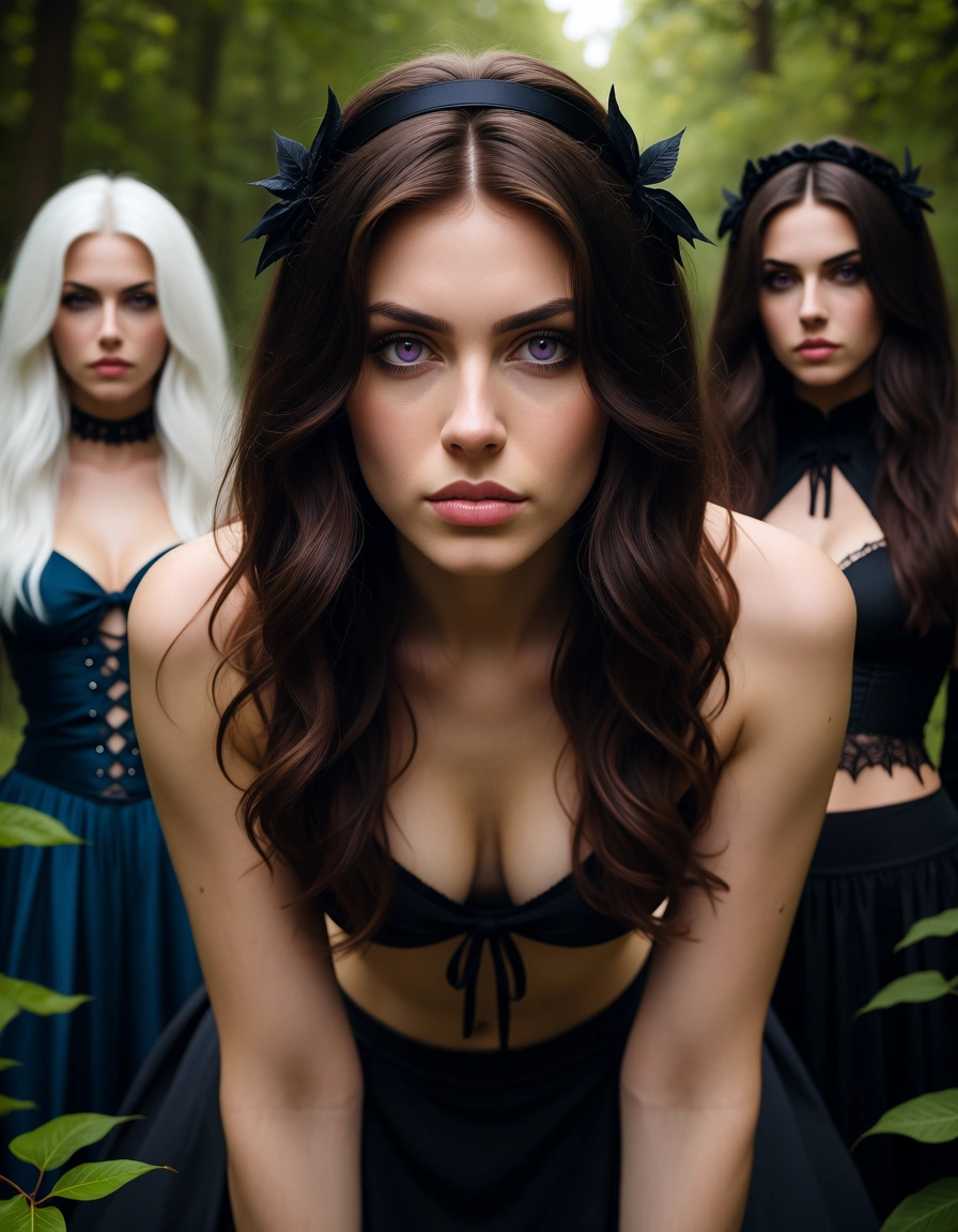 studio quality, sharp focus, 3women, doggy style, navel, leaf, 8k uhd photo, best quality, hyperrealistic, brunette woman, hairband, ribbon, cinematic photo, 8k, outdoors, close-up, warm tones, photorealistic, white_background, white_hair, purple_eyes, black_scarf, long_skirt, goth, blue_dress , black_wings, hentai_studio_quality, hentai_studio_quality, score_9, score_8, candid photo, realistic skin texture, visible skin pores, film grain, depth of field, score_9, score_8, candid photo, realistic skin texture, visible skin pores, film grain, depth of field
